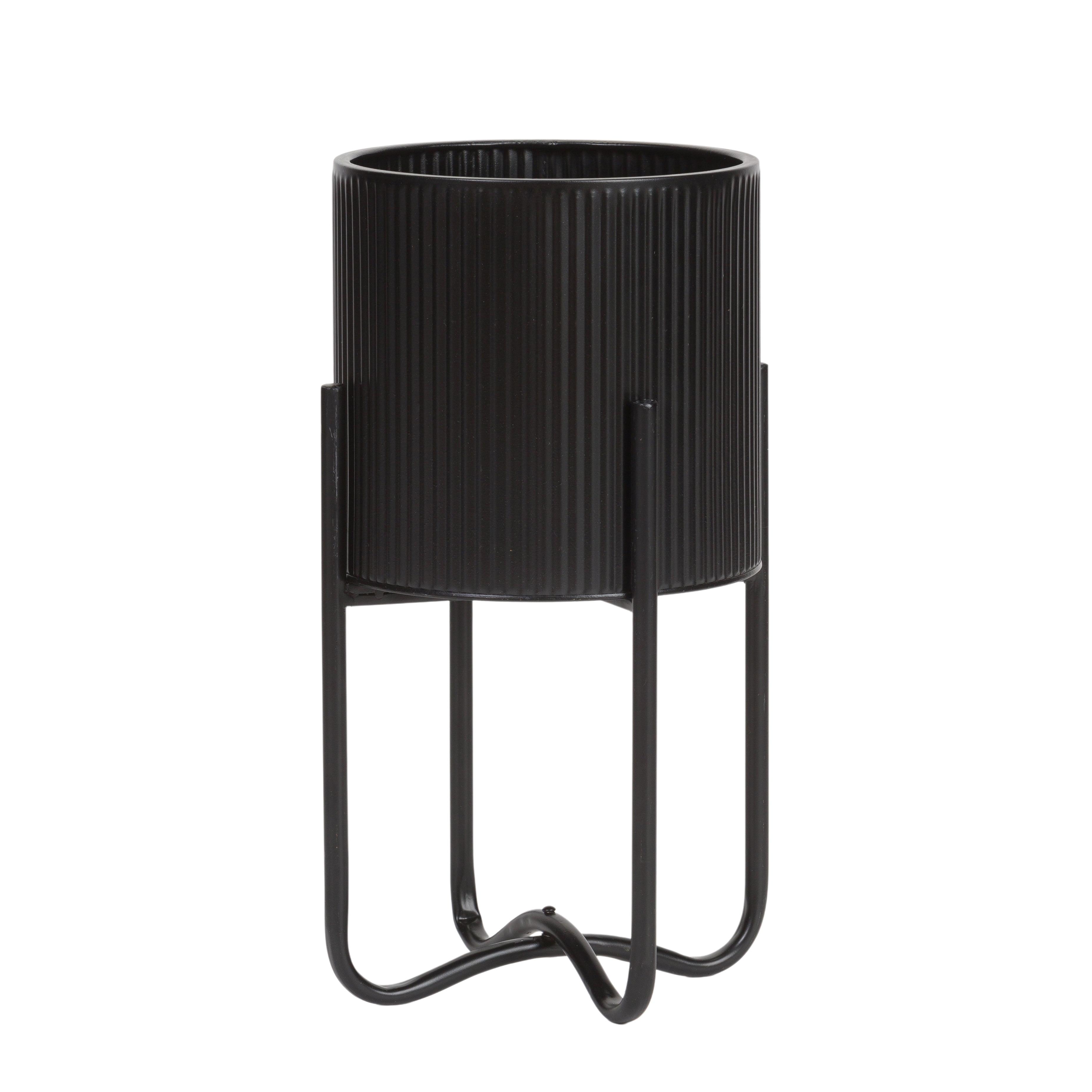 Everett Black Mid-Century Modern Indoor Metal Pot Planter with Tall Metal Base - 16.25" H x 9.25" W