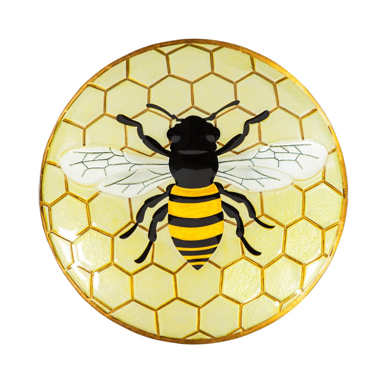 Yellow Honeycomb Glass Bird Bath with Bumble Bee Design