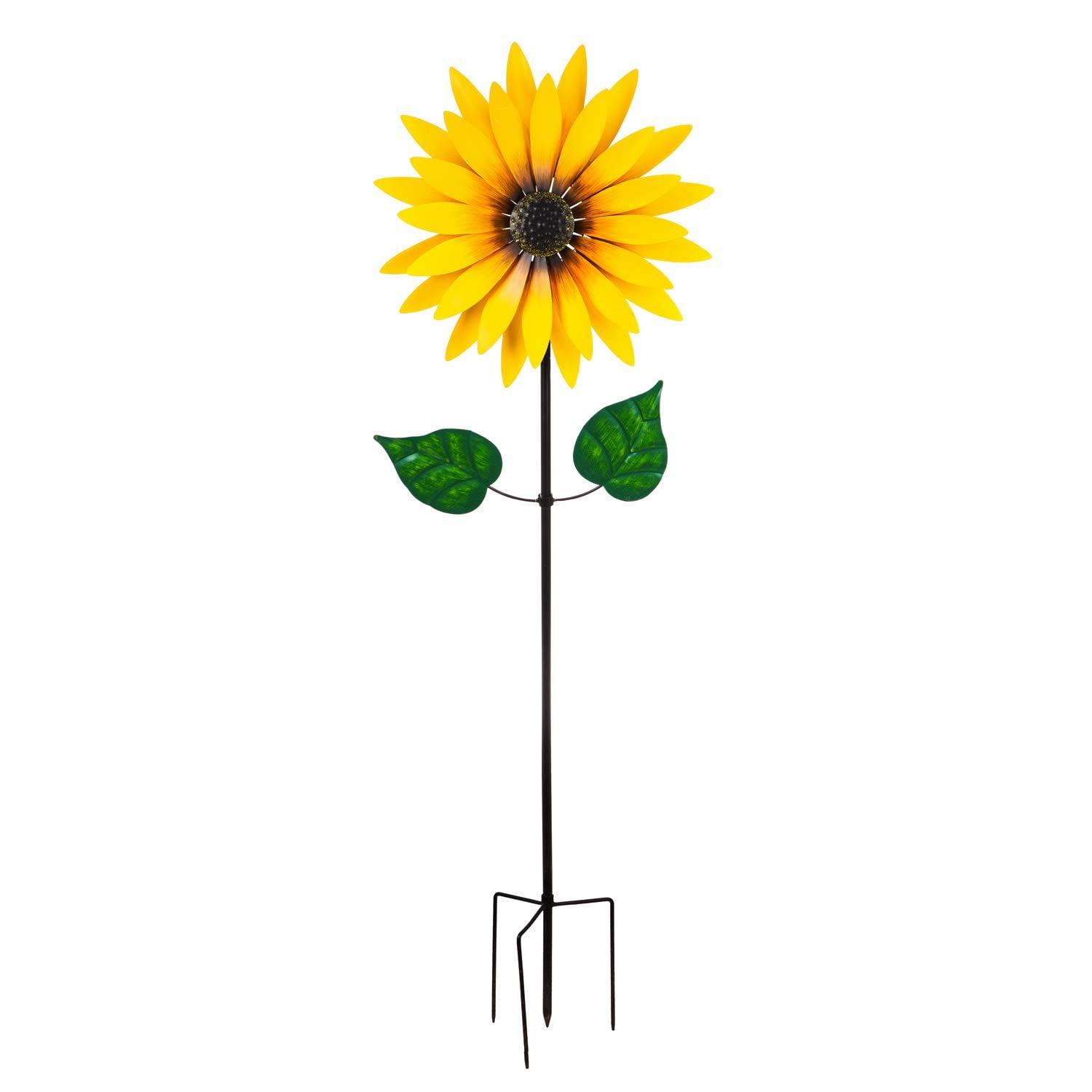 Yellow Sunflower Metal Wind Spinner with Green Leaves