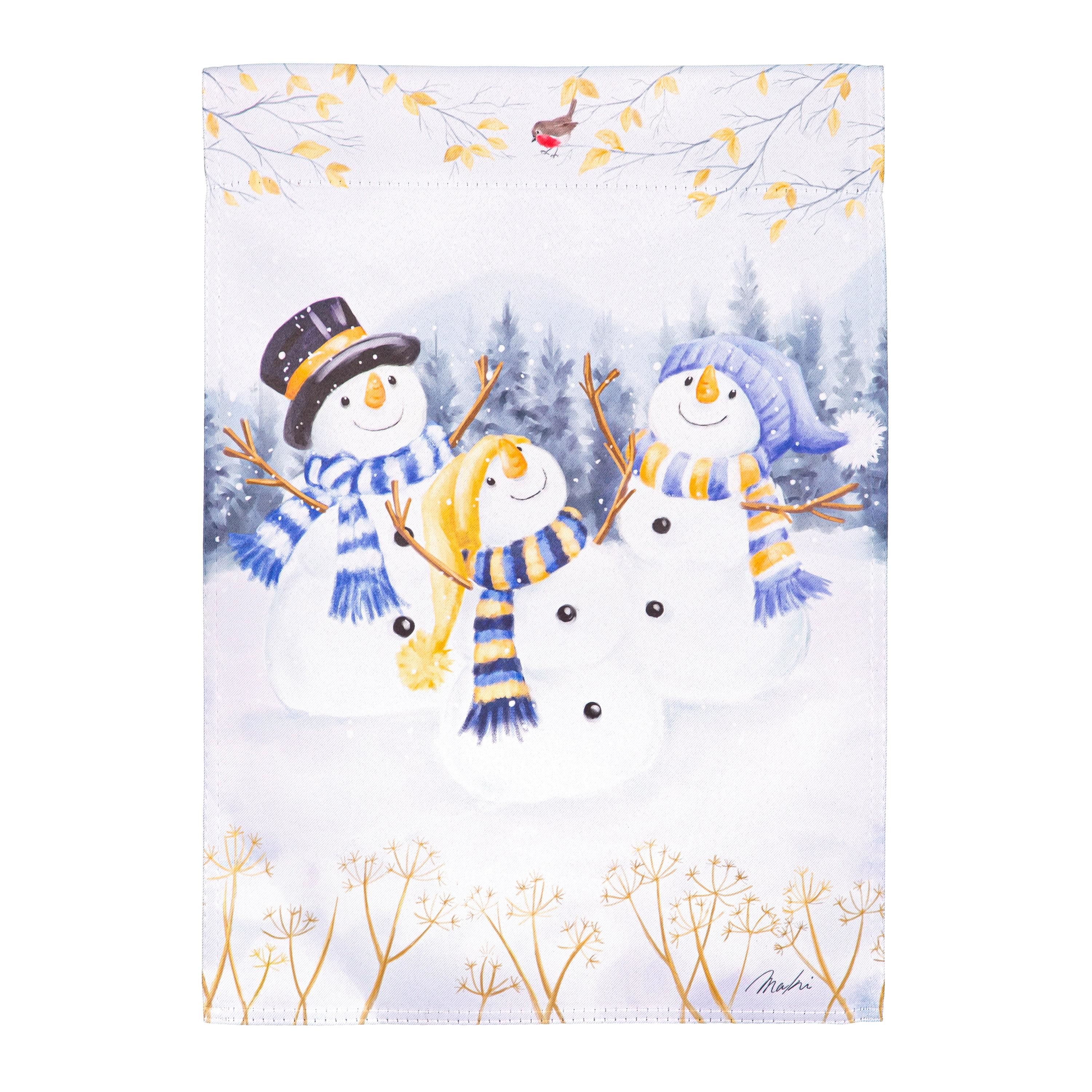 Winter Snowmen Trio White Suede Garden Flag 12 x 18 Inches