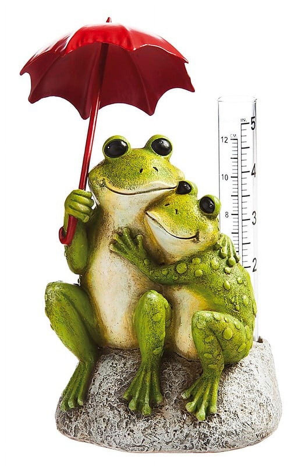 Green Frog Couple Garden Statue with Red Umbrella and Rain Gauge