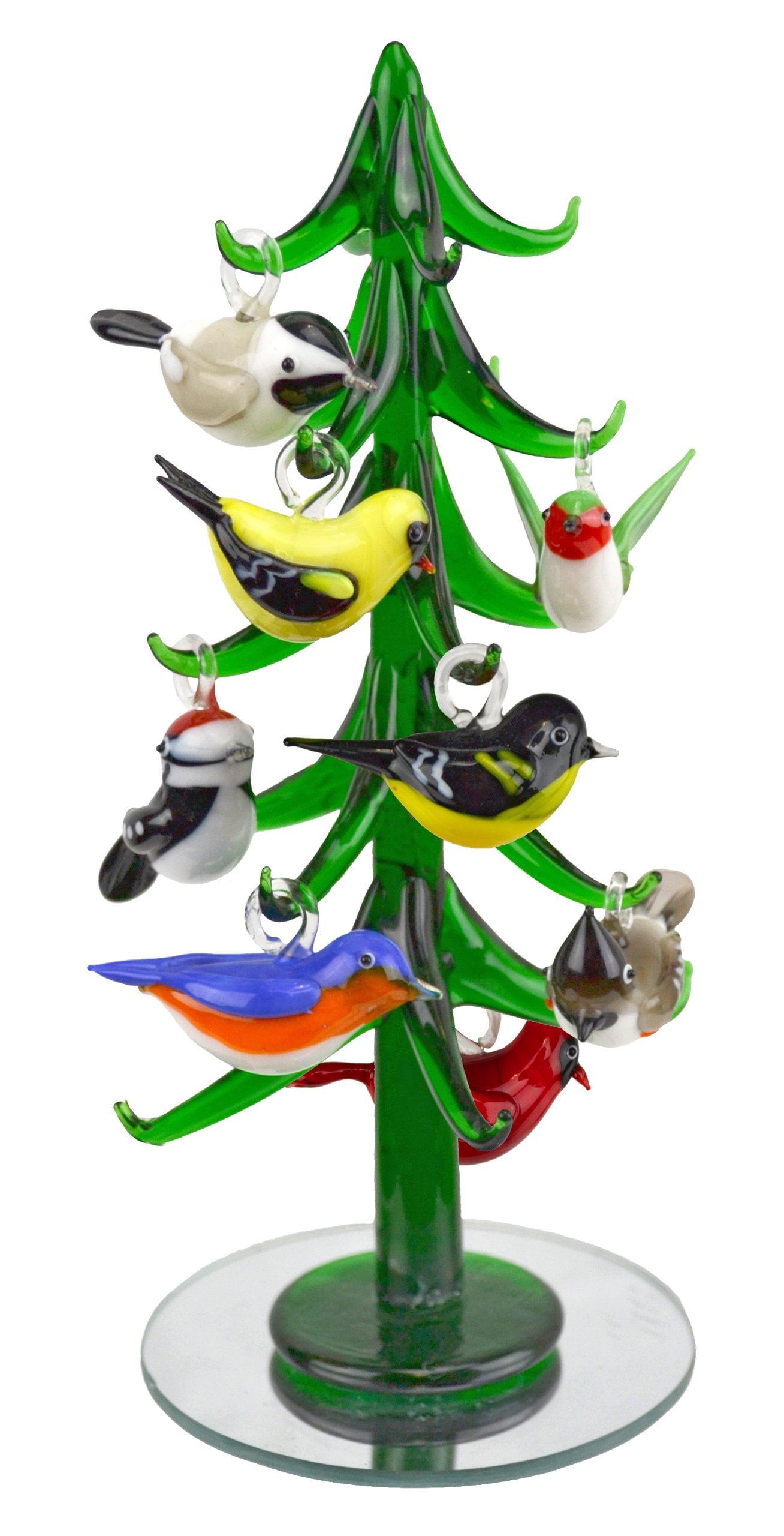 Miniature Green Glass Tree with Colorful Bird Ornaments