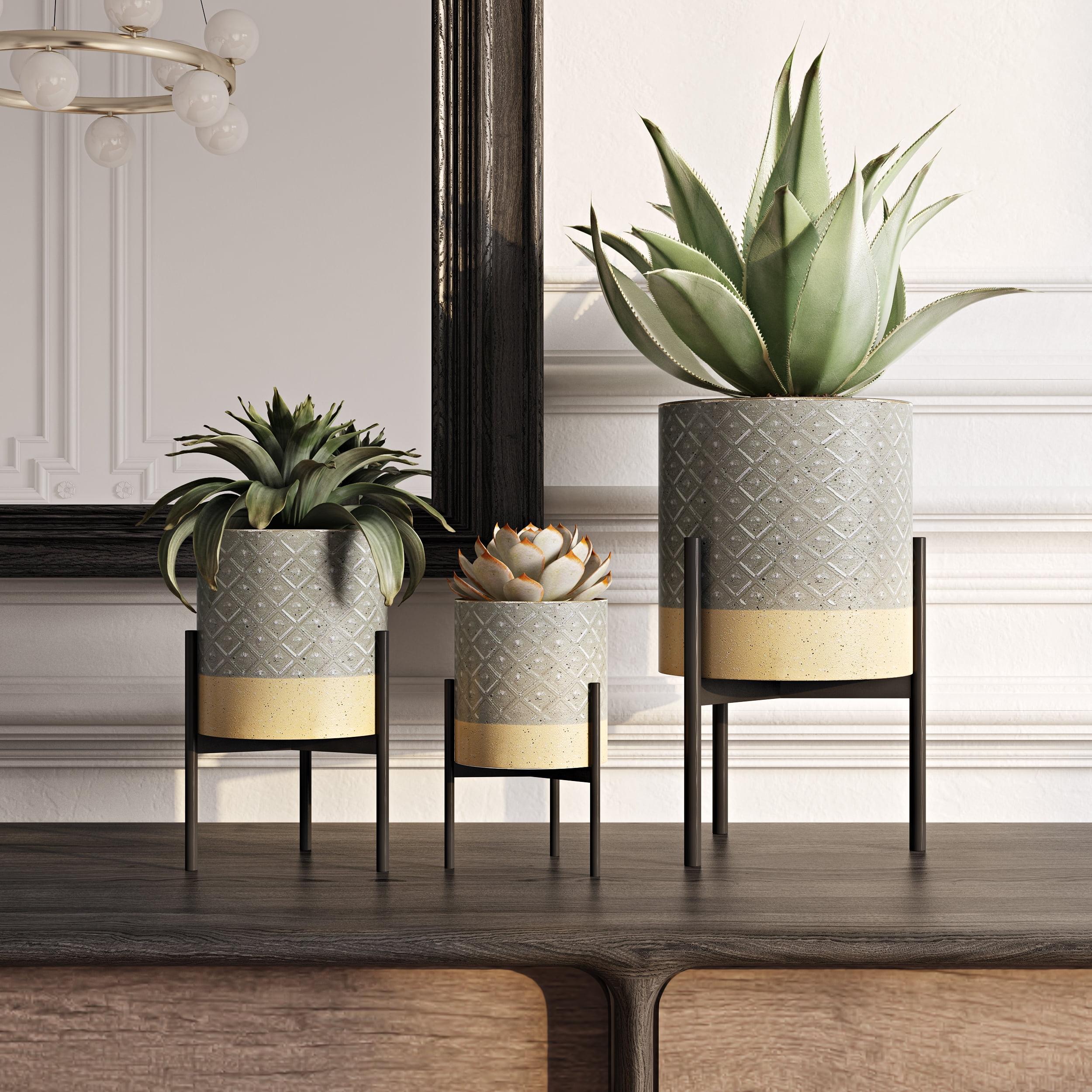 Gray and Gold Metal Table Top Planters Set with Embossed Texture
