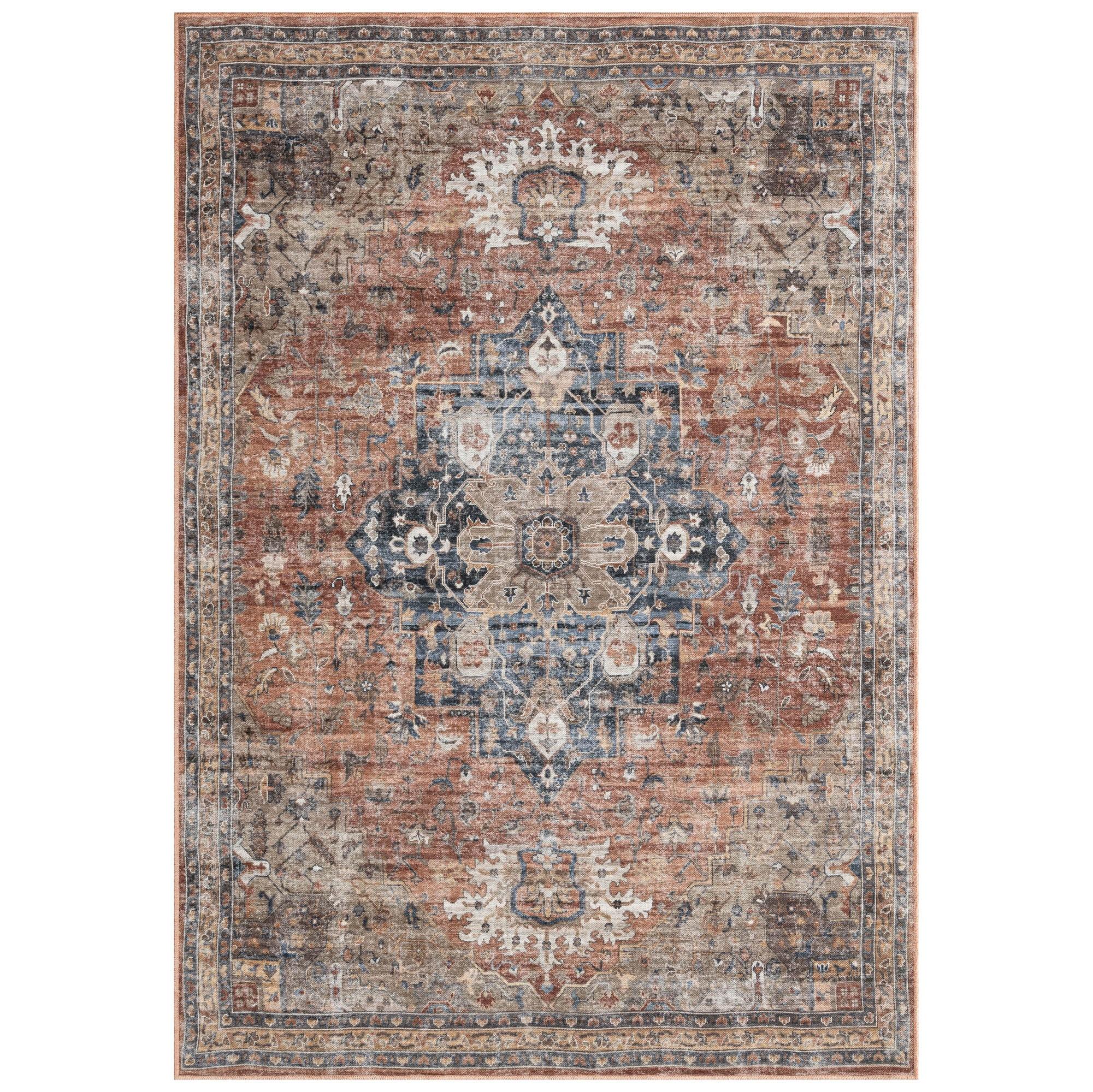 Rust and Navy Blue Medallion Washable Synthetic Area Rug