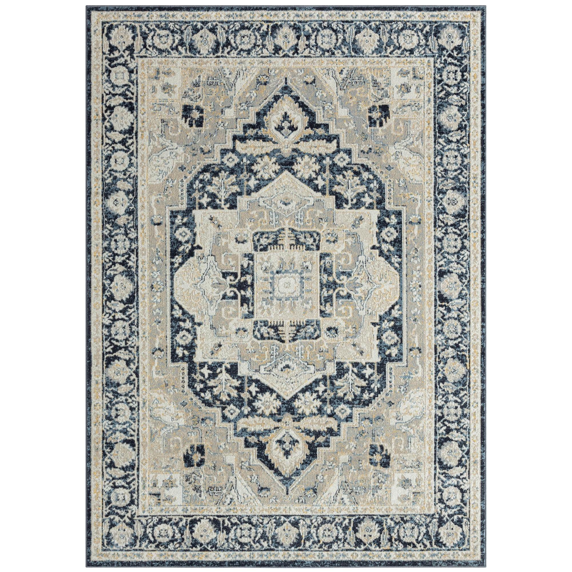 Everwash Treasure Rubia Traditional Medallion Machine Washable Area Rug, Ivory/Navy Blue, 5'2"x7'2"