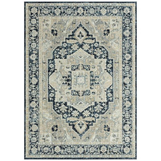Everwash Treasure Rubia Traditional Medallion Machine Washable Area Rug, Ivory/Navy Blue, 5'2"x7'2"