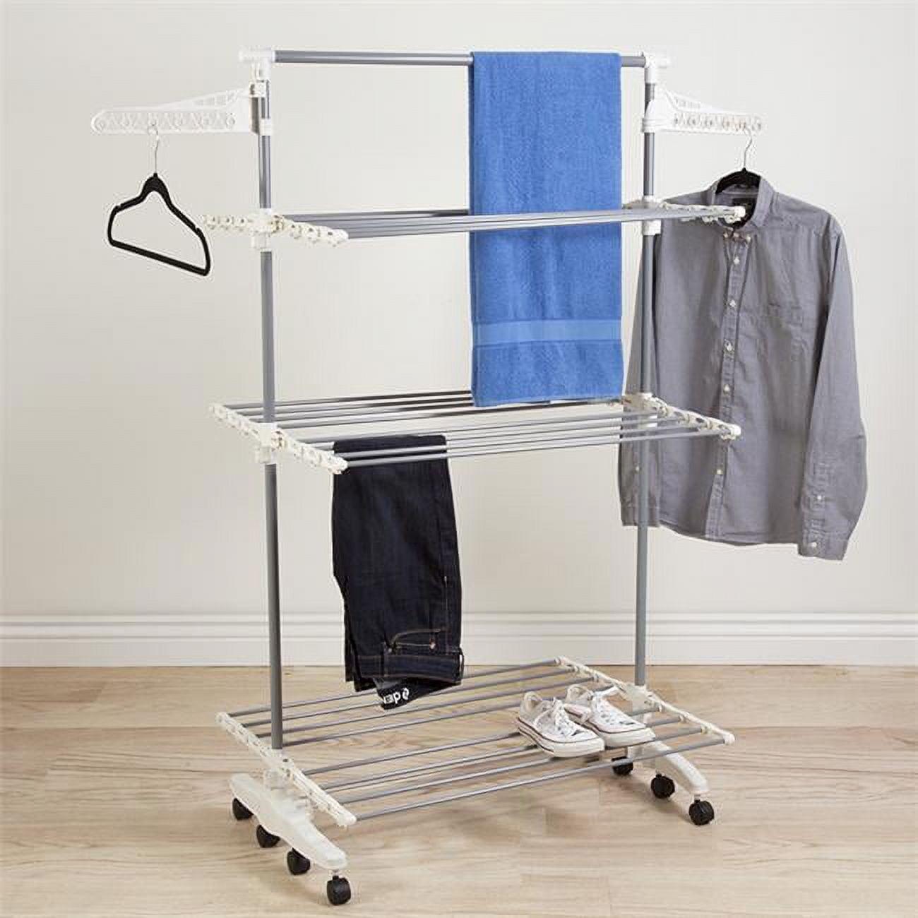 Heavy Duty 3 Tier Laundry Rack- Stainless Steel Clothing Shelf for Indoor/Outdoor Use with Tall Bar Best Used for Shirts Towels Shoes- Everyday Home