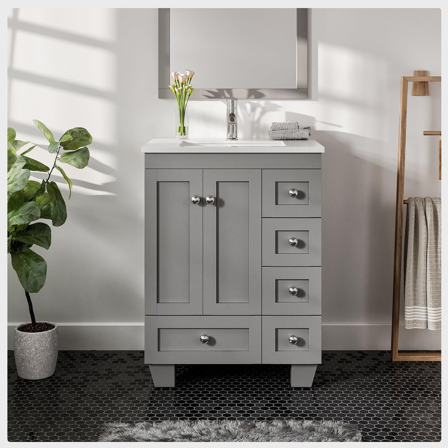 Gray Solid Wood Bathroom Vanity with White Quartz Top, 24-inch