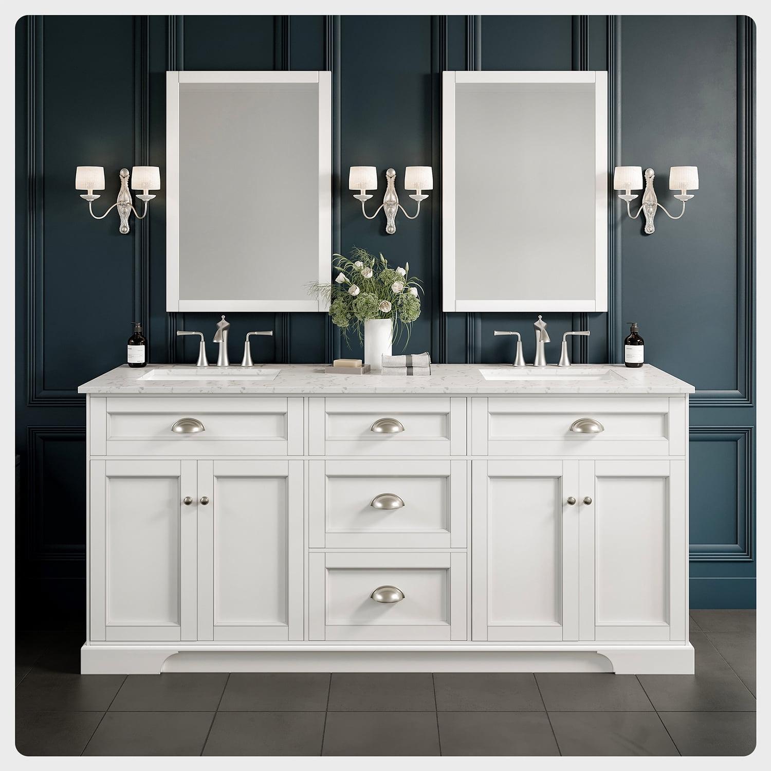 Elegant White Quartz 72" Double Sink Freestanding Bathroom Vanity