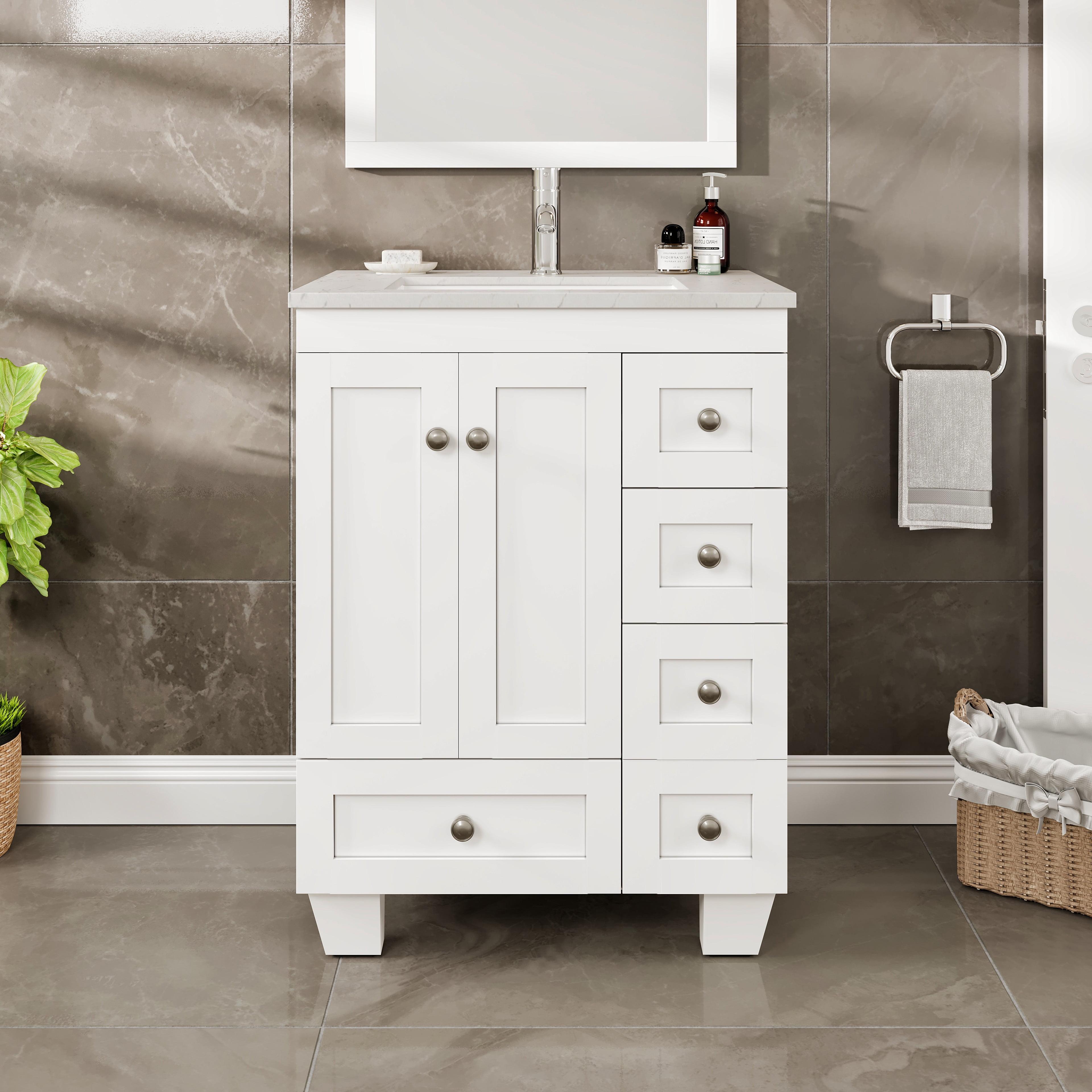 White 24" Bathroom Vanity with Carrara Quartz Top and Sink