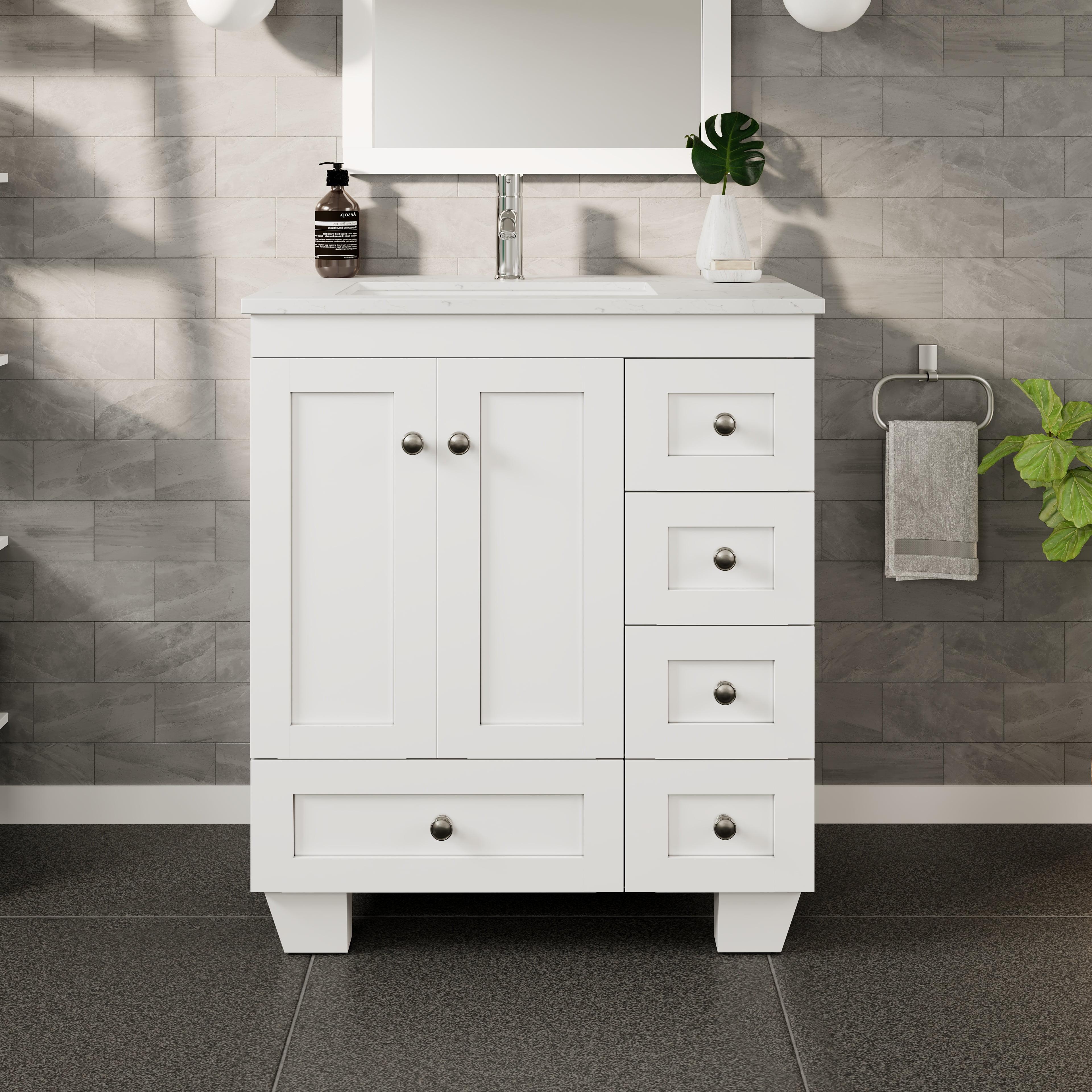 White 28" Solid Wood Bathroom Vanity with Carrara Quartz Top