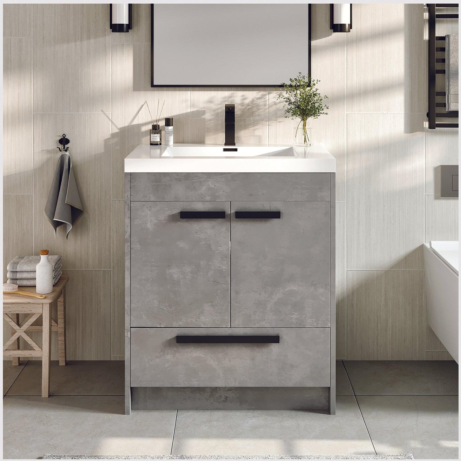 Lugano 30" Cement Gray Freestanding Modern Vanity with Integrated White Sink