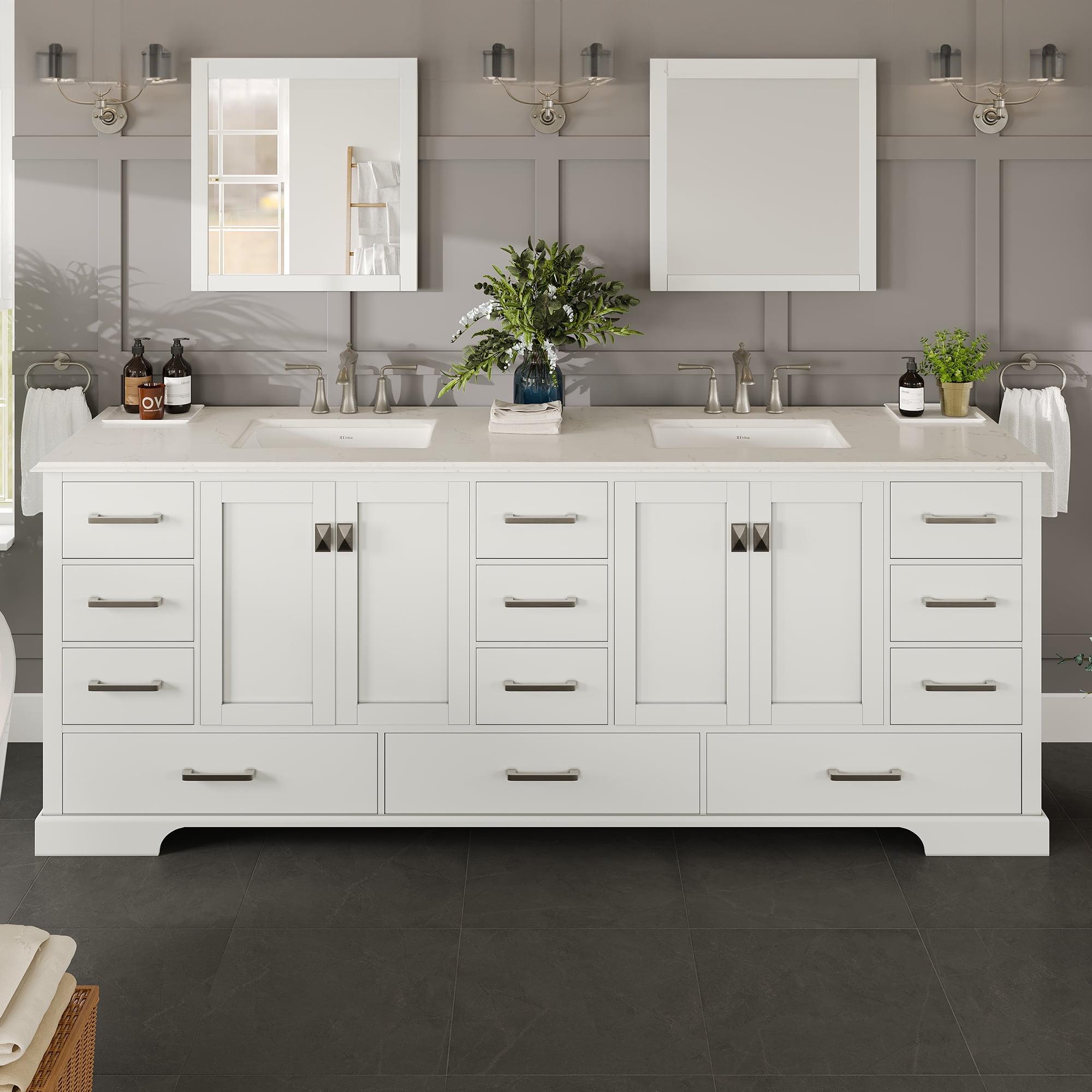 Eviva Storehouse 84"W x 22"D White Double Sink Bathroom Vanity with White Carrara Quartz Countertop and Undermount Porcelain Sinks