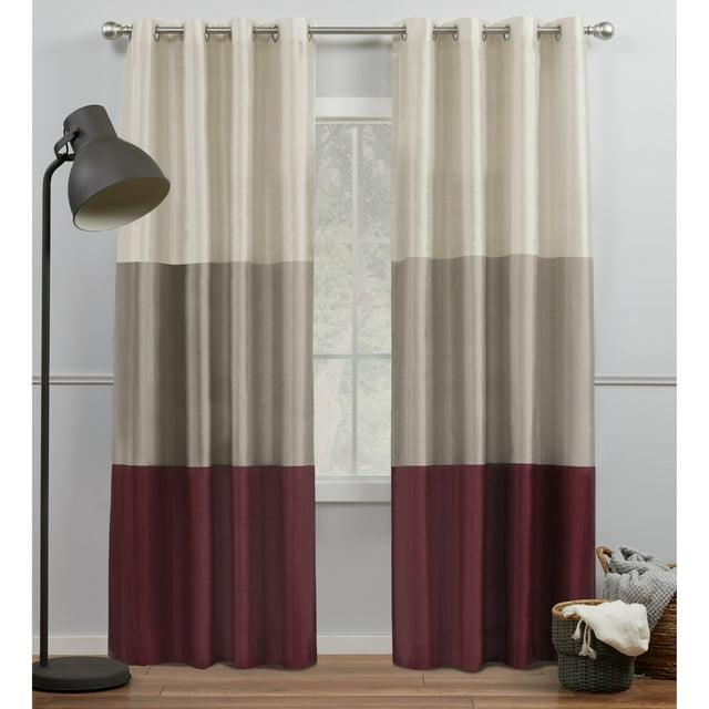 Set of 2 84"x54" Chateau Striped Faux Silk Grommet Top Curtain Panel Burgundy/Taupe - Exclusive Home: Modern Window Drapes