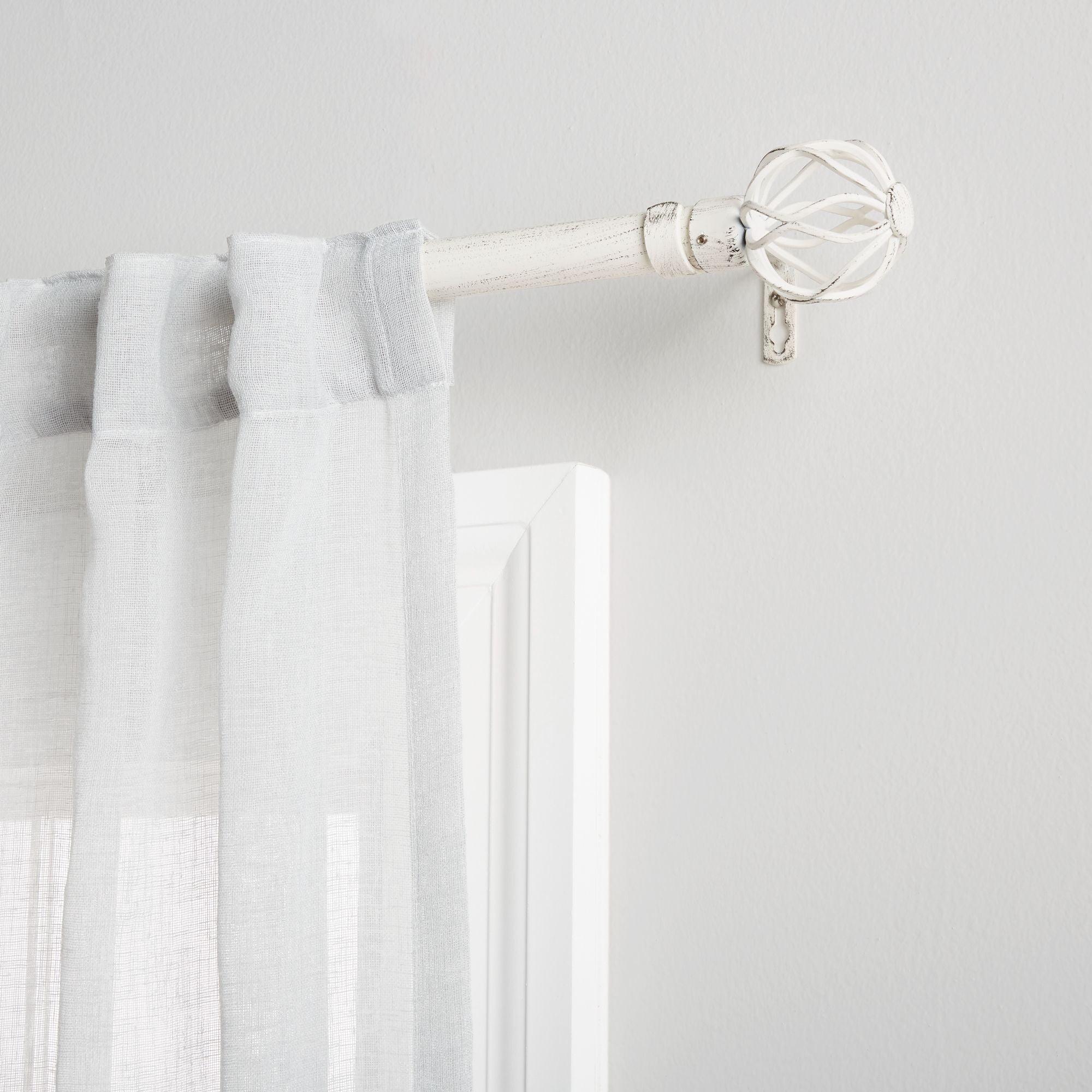 Distressed White Iron Adjustable Curtain Rod with Wavy Finials, 66-120 in