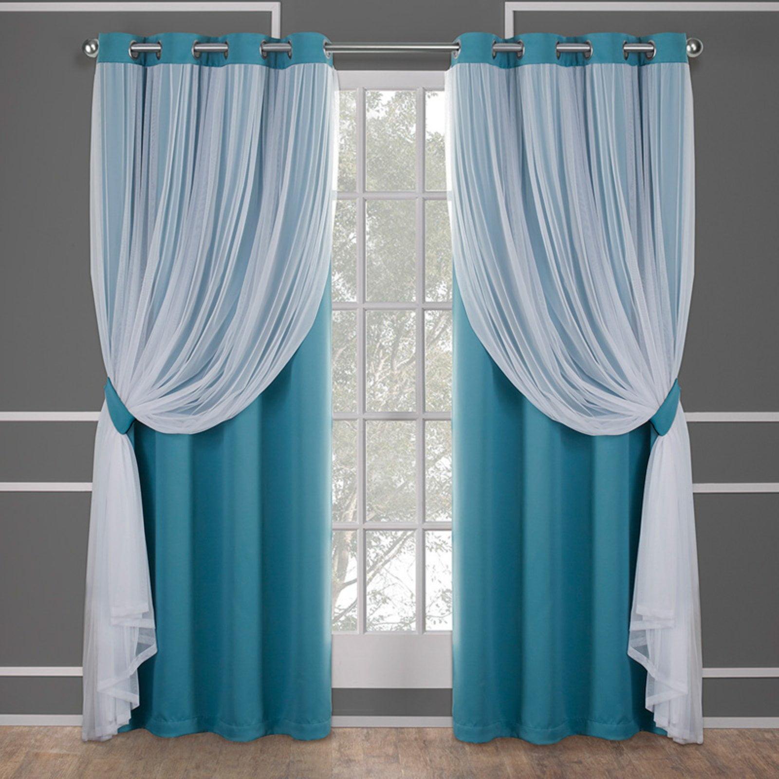 Set of 2 (63"x52") Caterina Layered Solid Blackout with Sheer Top Curtain Panels Blue Blue - Exclusive Home