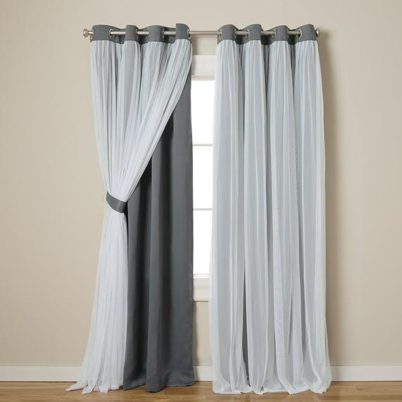 Exclusive Home Catarina Layered Solid Room Darkening Blackout and Sheer Grommet Top Curtain Panel Pair, 52"x84", Soft Grey