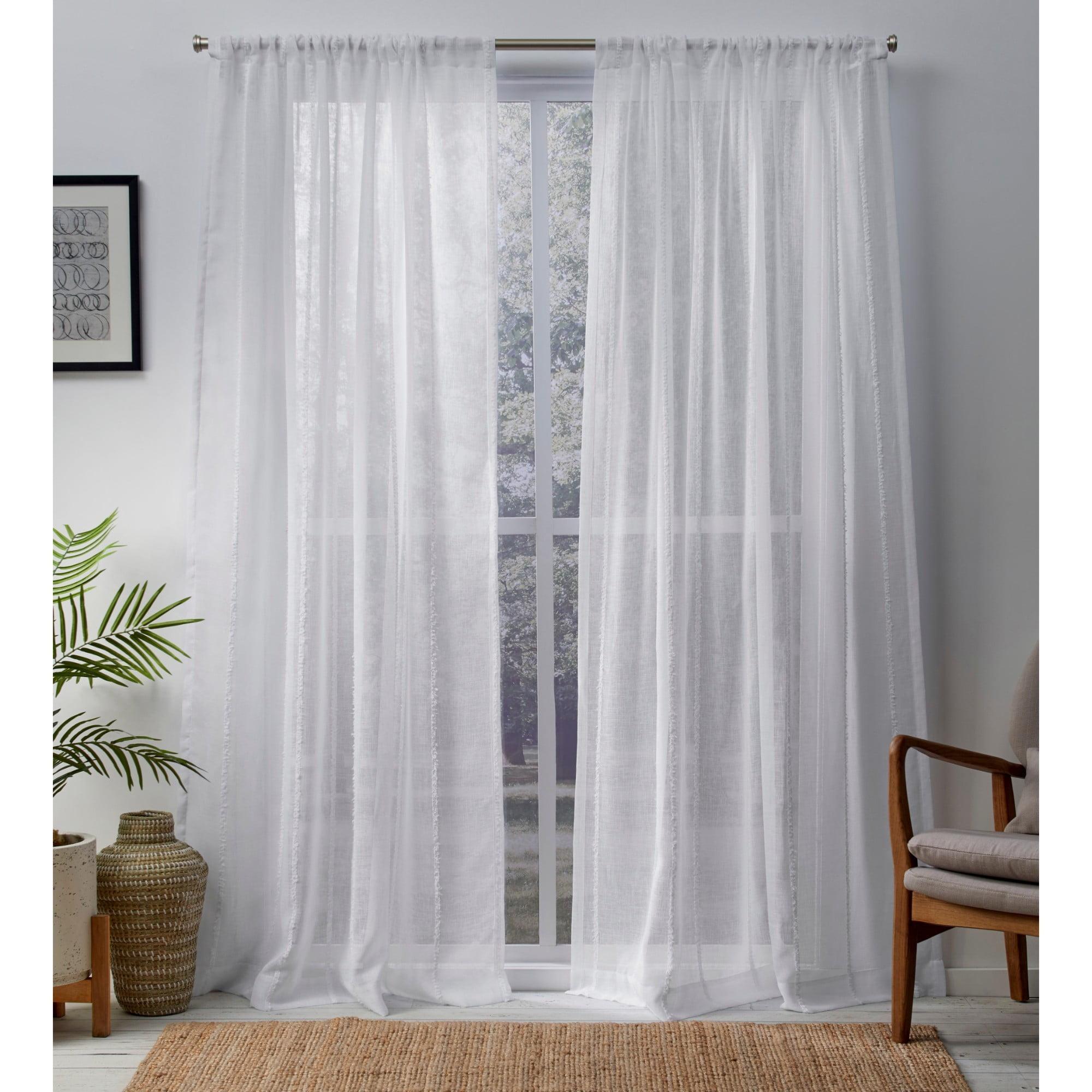 Set of 2 84"x54" Santos Embellished Stripe Textured Linen Sheer Rod Pocket Window Curtain Panel White - Exclusive Home