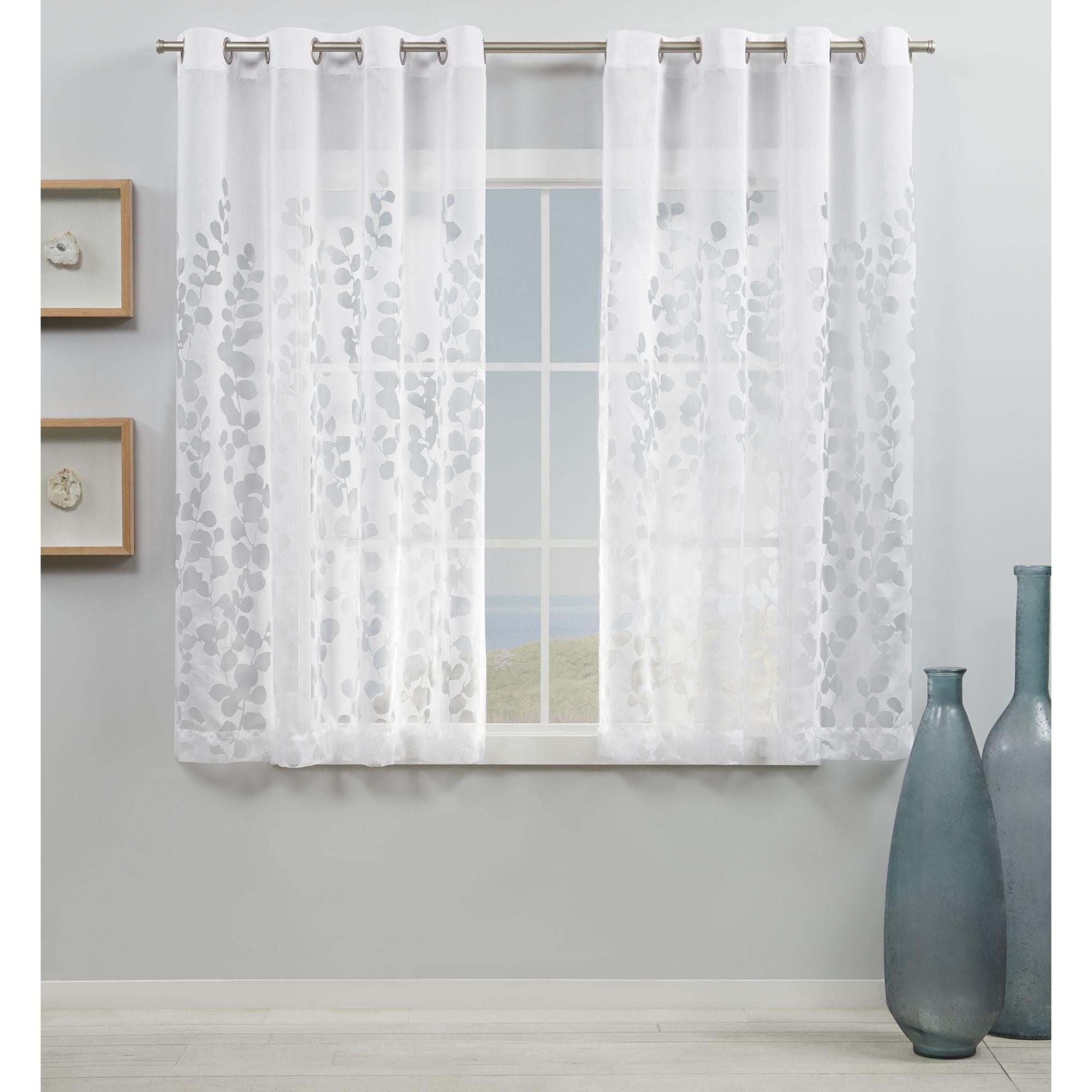 White Sheer Leaf Pattern Grommet Curtain Panels