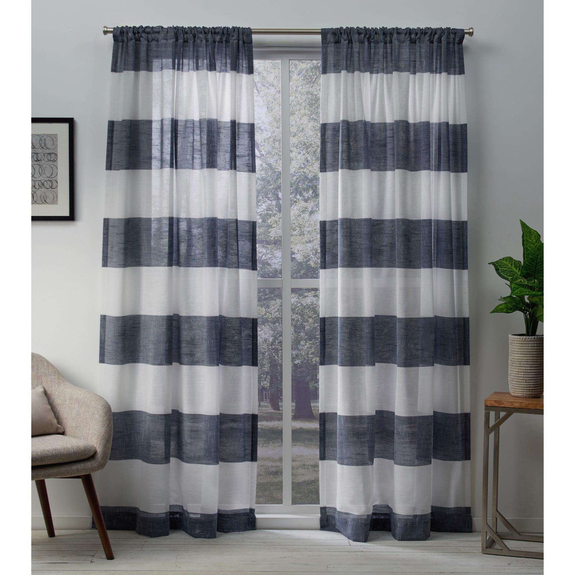 Indigo and Gray Sheer Linen Stripe Rod Pocket Curtains, 50"x96", 2-Piece Set