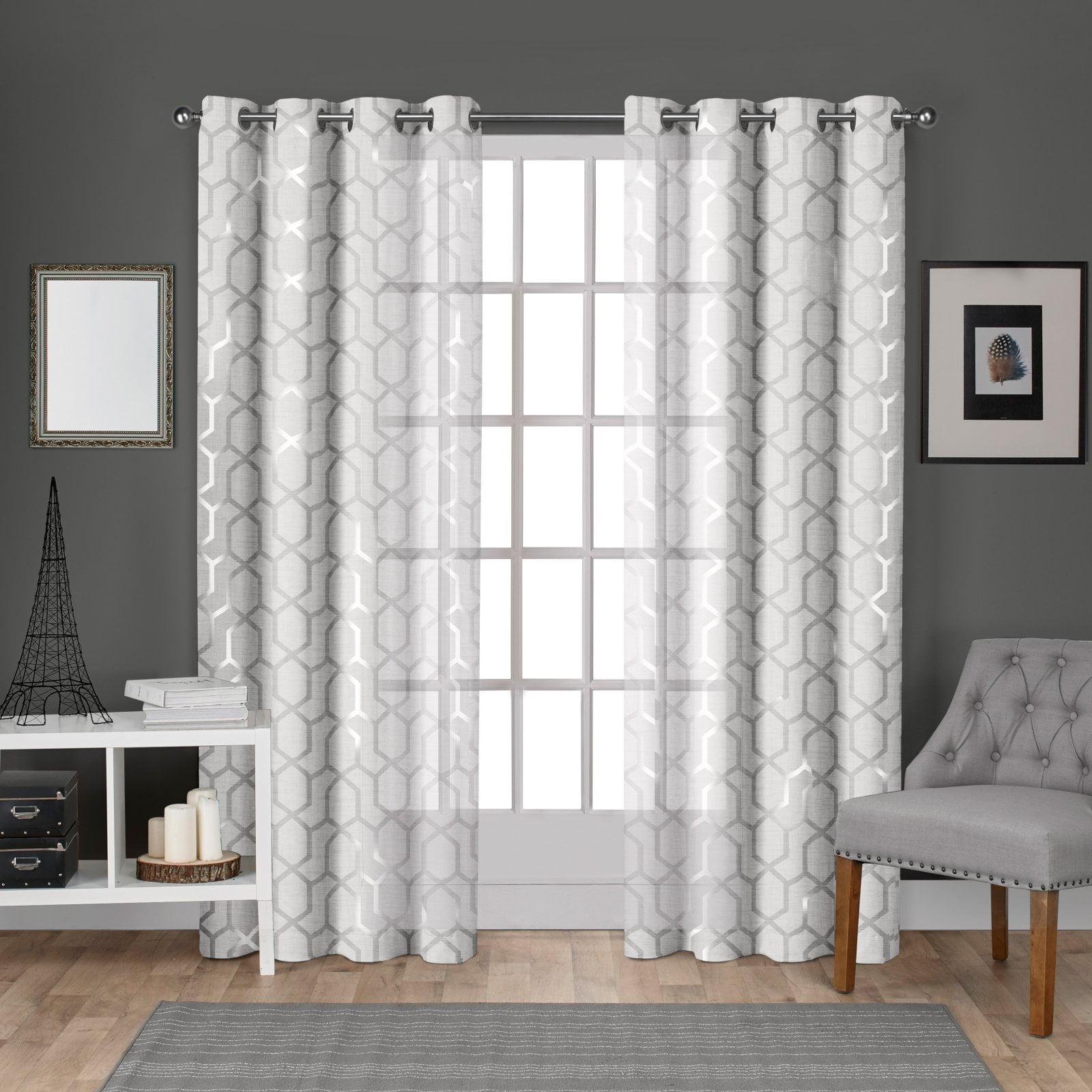 Set of 2 108"x54" Panza Sheer Linen Printed Metallic Geometric Grommet Top Window Curtain Panel White Silver Print - Exclusive Home