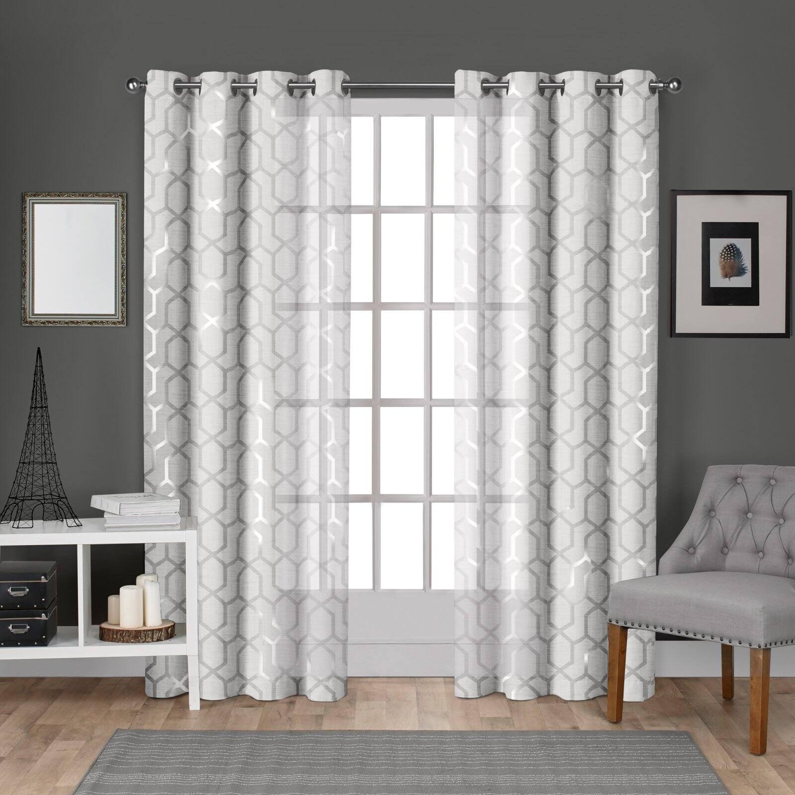 Set of 2 84"x54" Panza Sheer Linen Printed Metallic Geometric Grommet Top Window Curtain Panel - White Silver - Exclusive Home