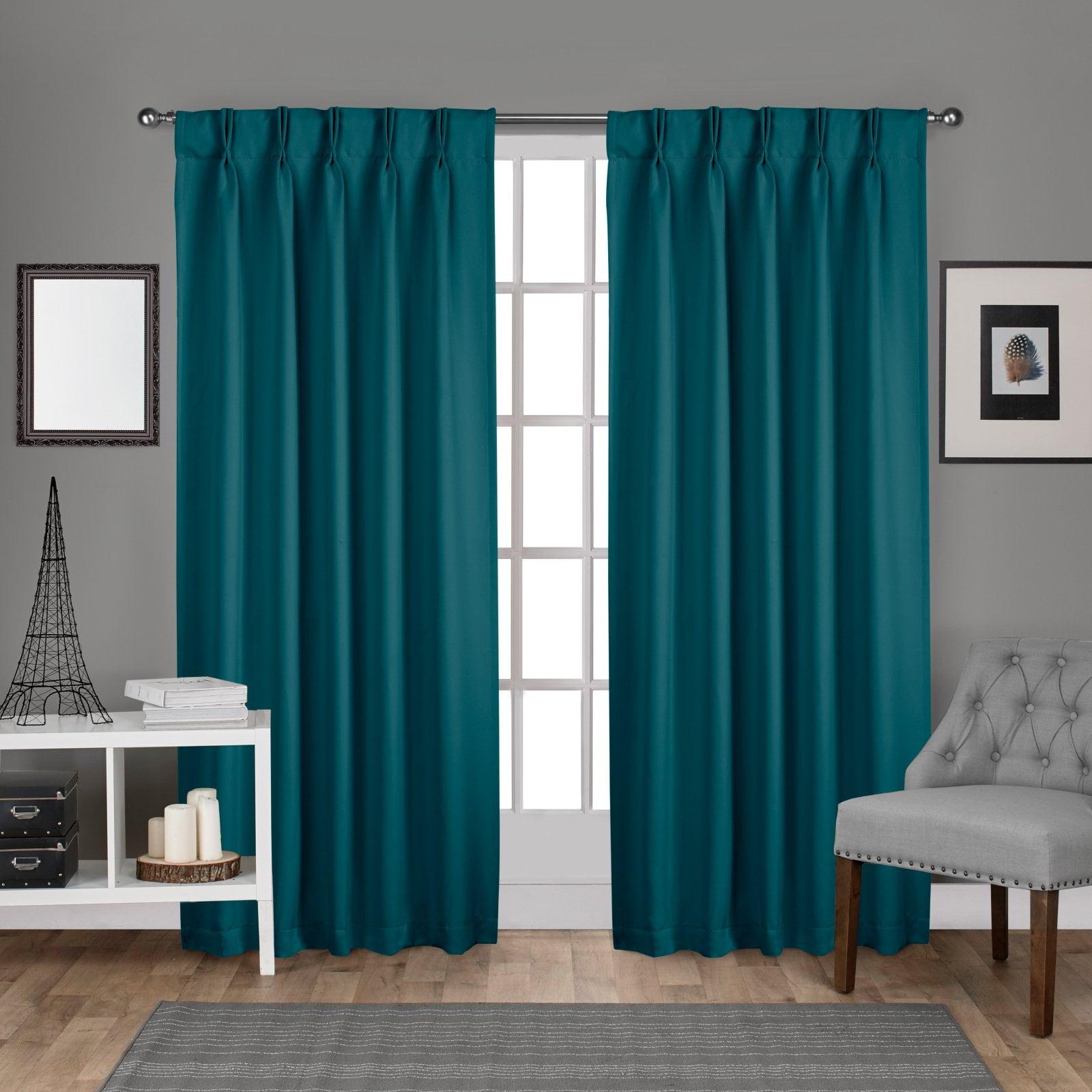 Teal Blackout Pleated Linen-Blend Curtain Panels, 84" Length