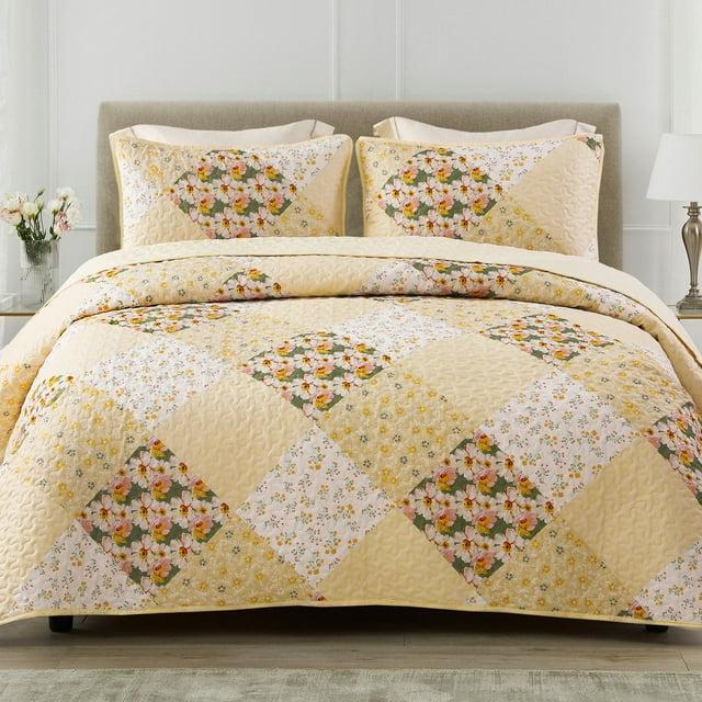Exclusivo Mezcla Reversible Boho Quilt Set King Size, 3 Pieces Patchwork Yellow All Season Bedspreads, Ultra Soft Floral Coverlet Bedding Set with Printed Pattern (1 Quilt, 2 Pillow Shams)