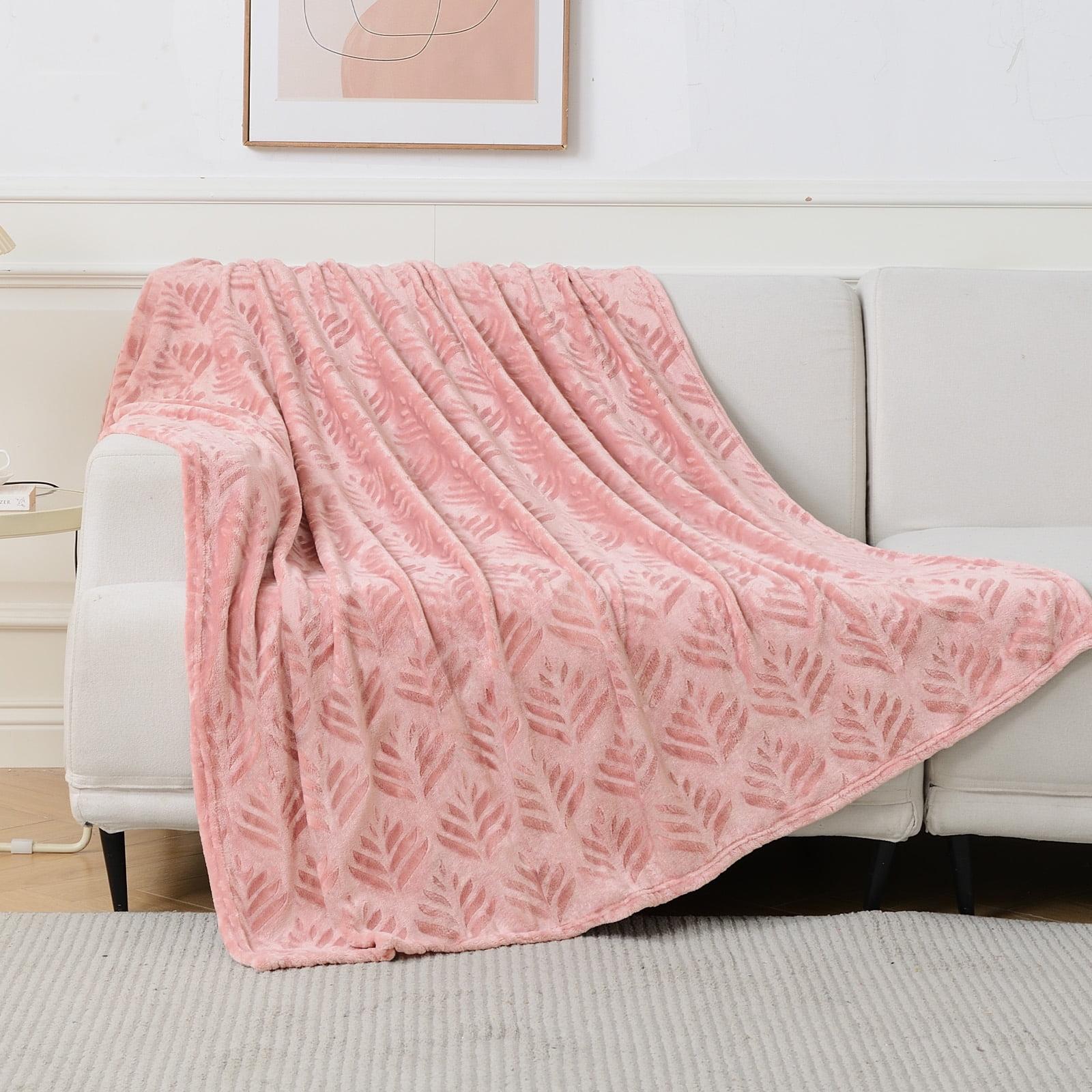 Dusty Pink Fleece Throw Blanket with Leaf Pattern, 50"x60"