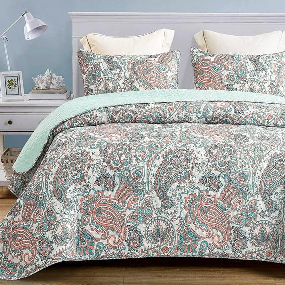 Exclusivo Mezcla Paisley Aqua Quilt Set King Size, 3-Piece Reversible Quilt Bedding Set, Lightweight and Soft Bedspread Coverlets