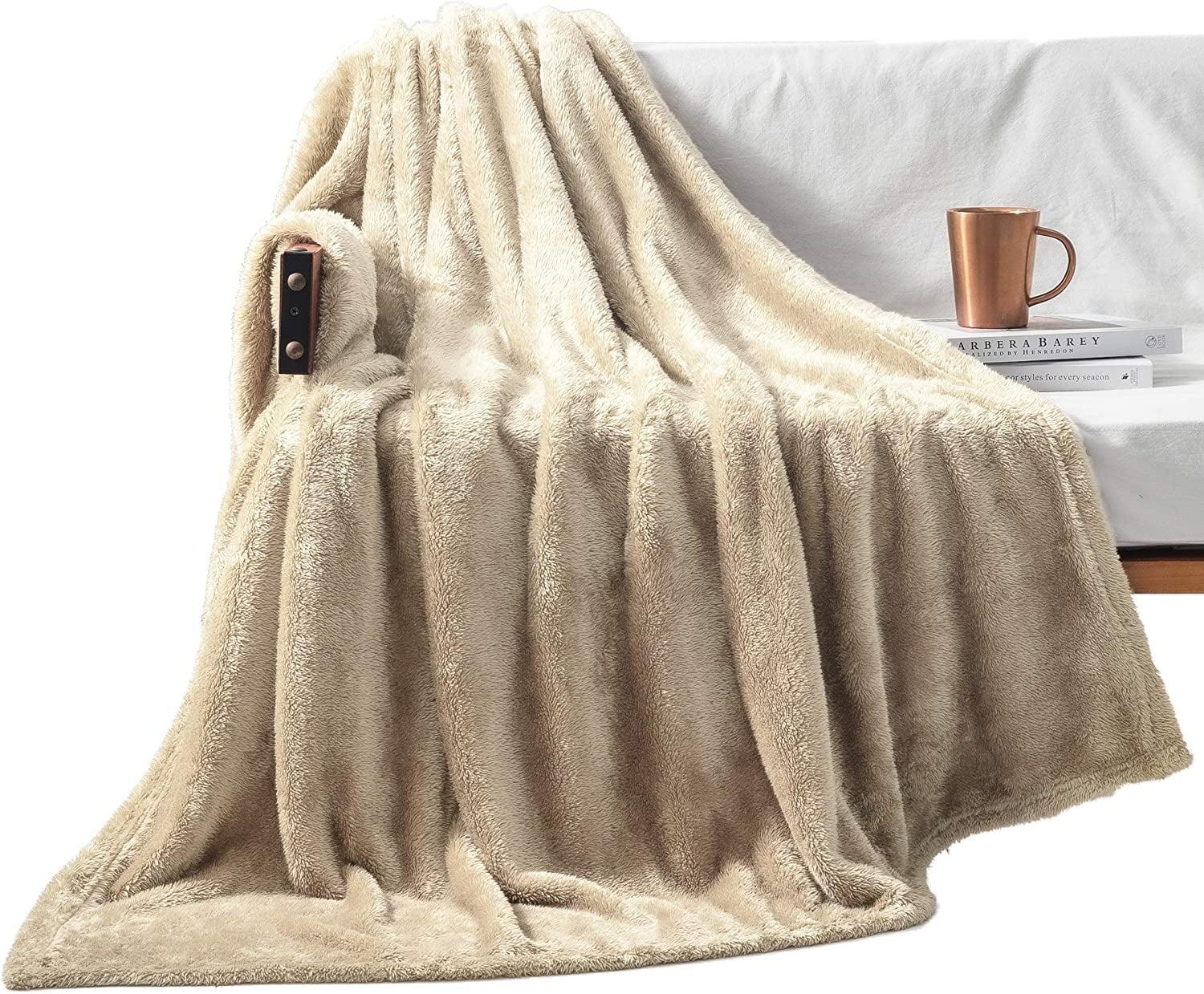 Exclusivo Mezcla Plush Fuzzy Large Fleece Throw Blanket (50" x 70", Beige)- Soft, Warm and Lightweight