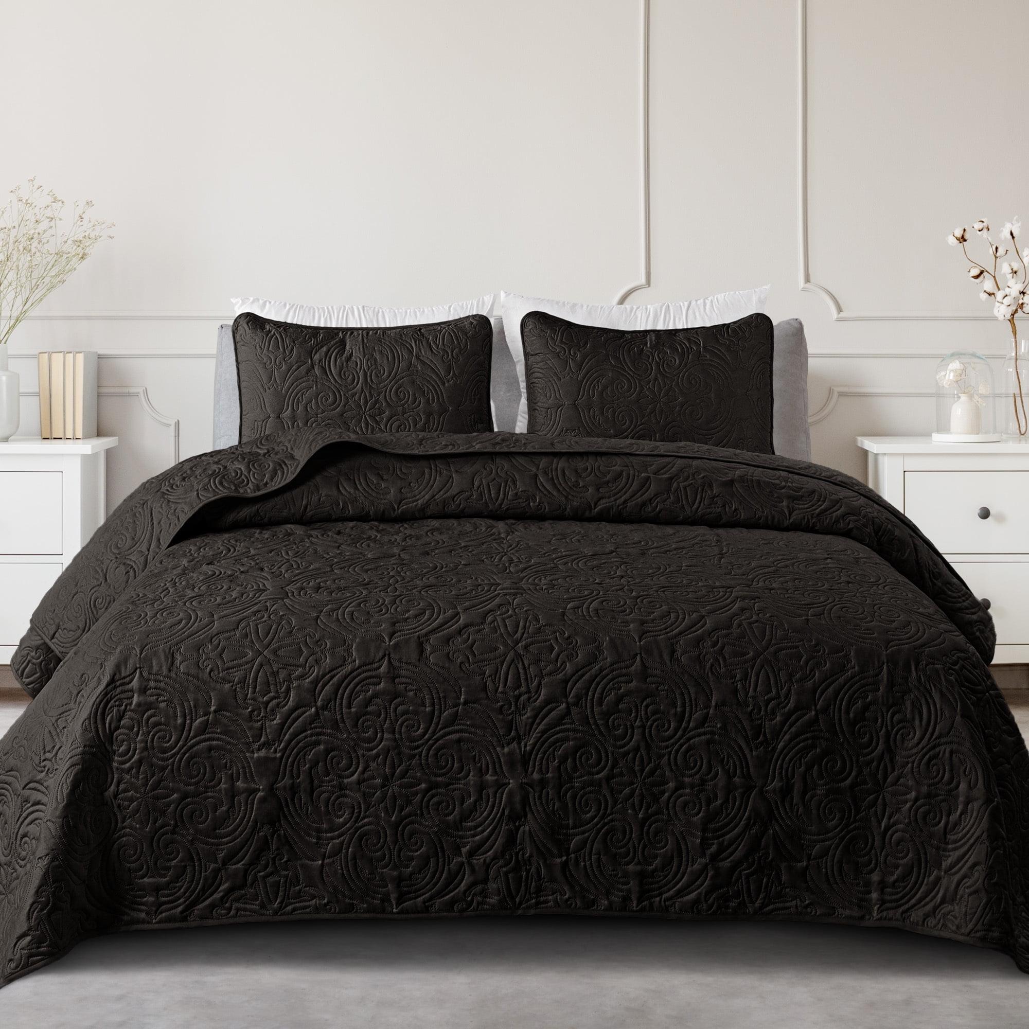 Exclusivo Mezcla Queen Quilt Bedding Set, Lightweight Vintage Queen Size Quilts with Pillow Shams, Soft Bedspreads Coverlets for All Seasons (96"x90", Black)