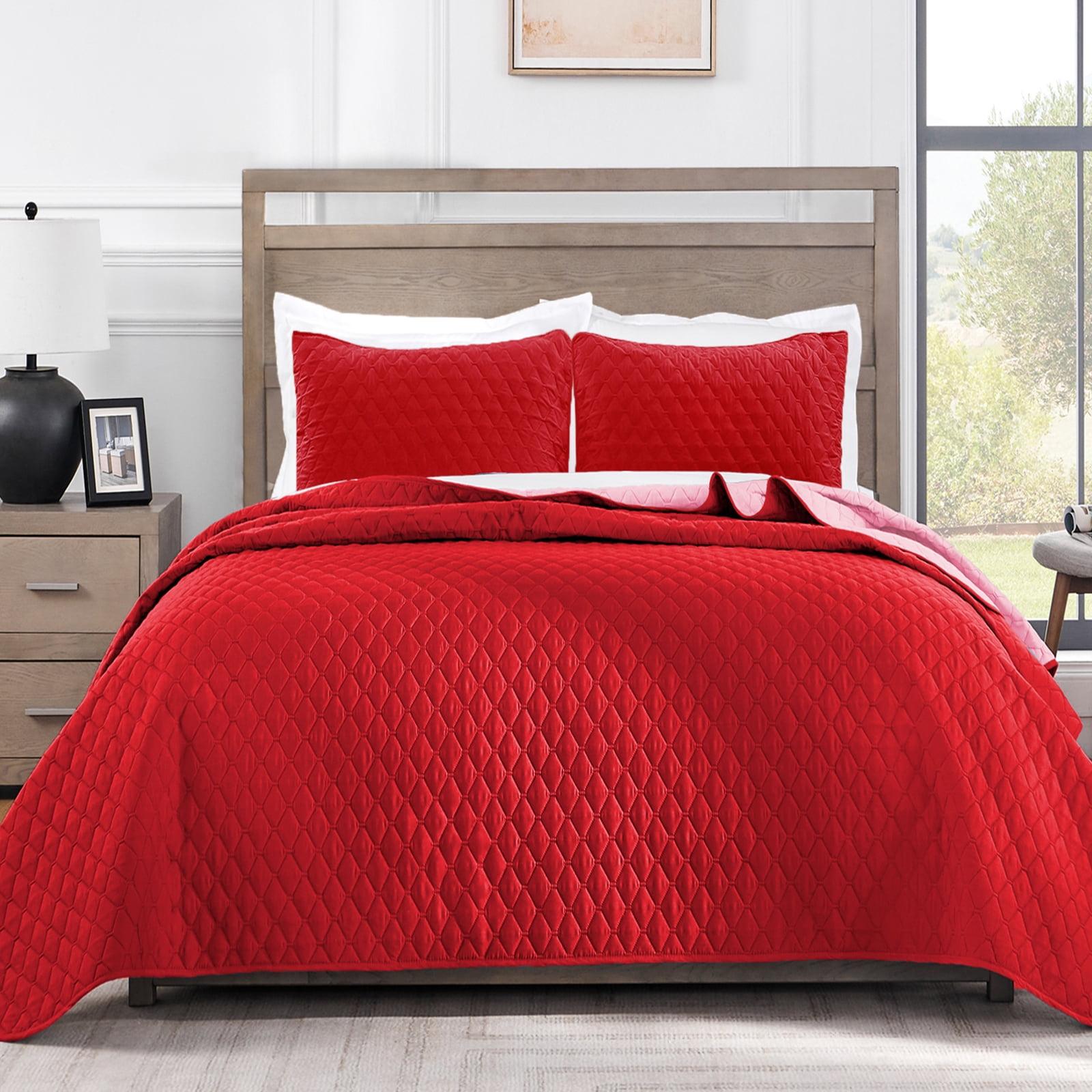 Exclusivo Mezcla Reversible Queen Quilt Set, 3-Piece Lightweight Quilts Soft Bedspreads Bed Coverlets, Red