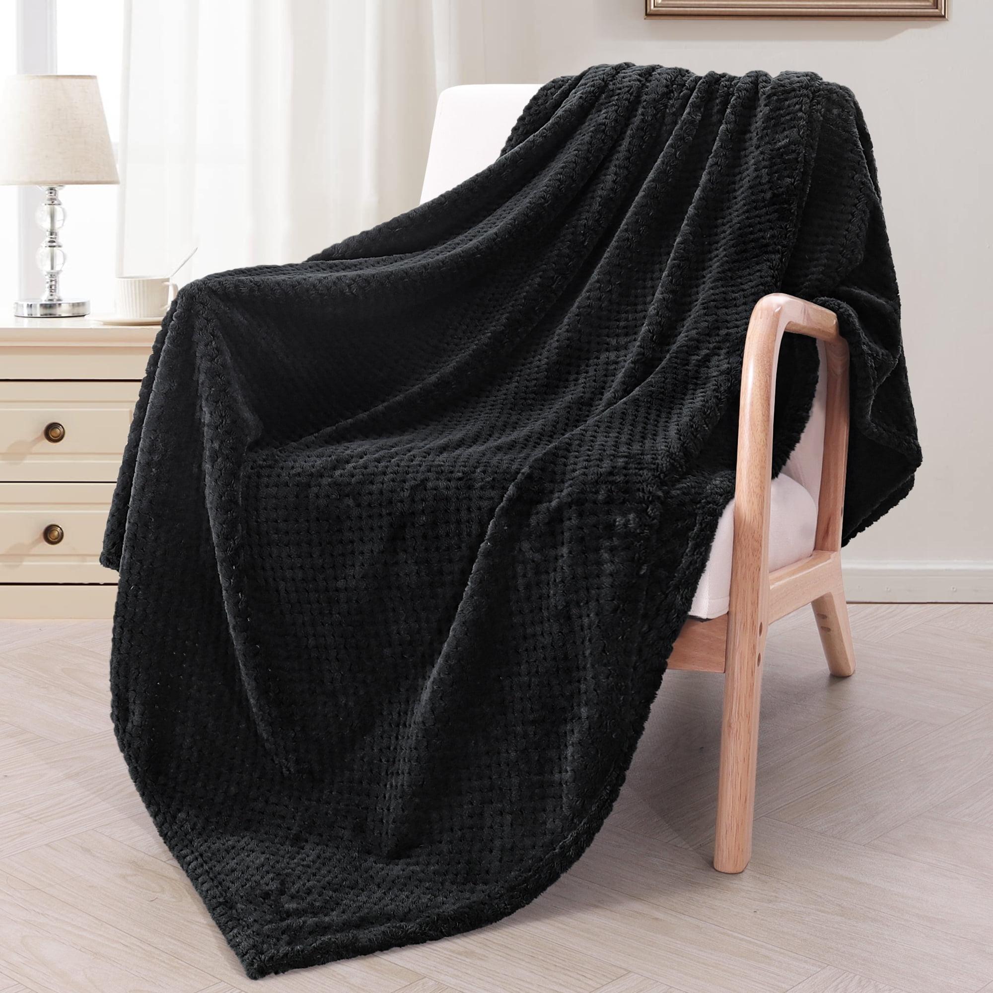 Black Waffle Textured Fleece Throw Blanket, 50"x70", Super Soft and Warm