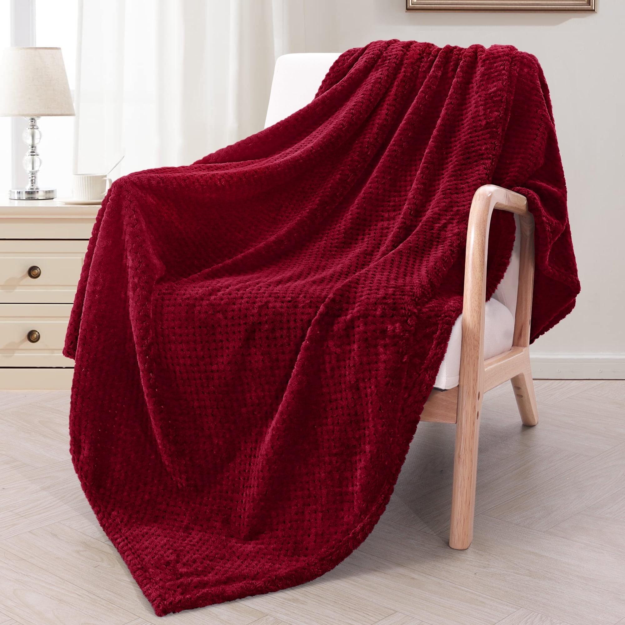Exclusivo Mezcla Waffle Textured Extra Large Fleece Blanket, Super Soft and Warm Throw Blanket for Couch, Sofa and Bed (Burgundy, 50"x70")-Cozy, Fuzzy and Lightweight
