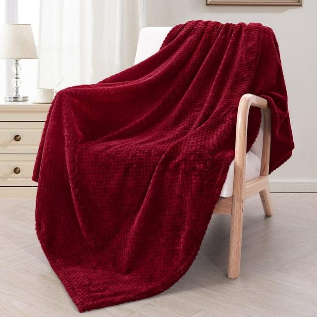 Exclusivo Mezcla Waffle Textured Extra Large Fleece Blanket, Super Soft and Warm Throw Blanket for Couch, Sofa and Bed (Burgundy, 50"x70")-Cozy, Fuzzy and Lightweight
