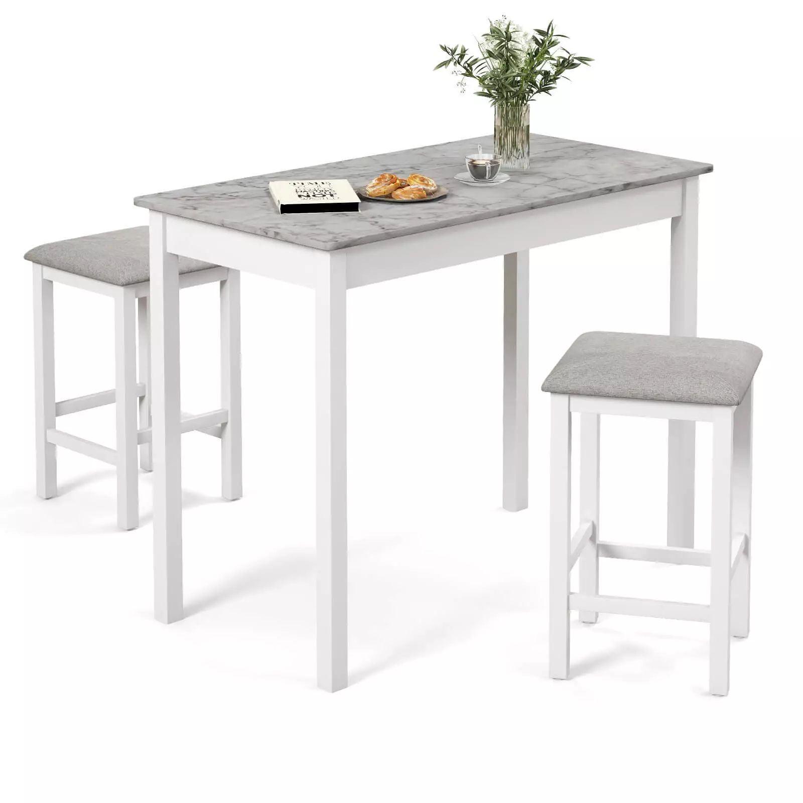 Costway 3 PCS Bar Table Set Dining Table & 2 Linen Fabric Padded Bar Stools Faux Marble White