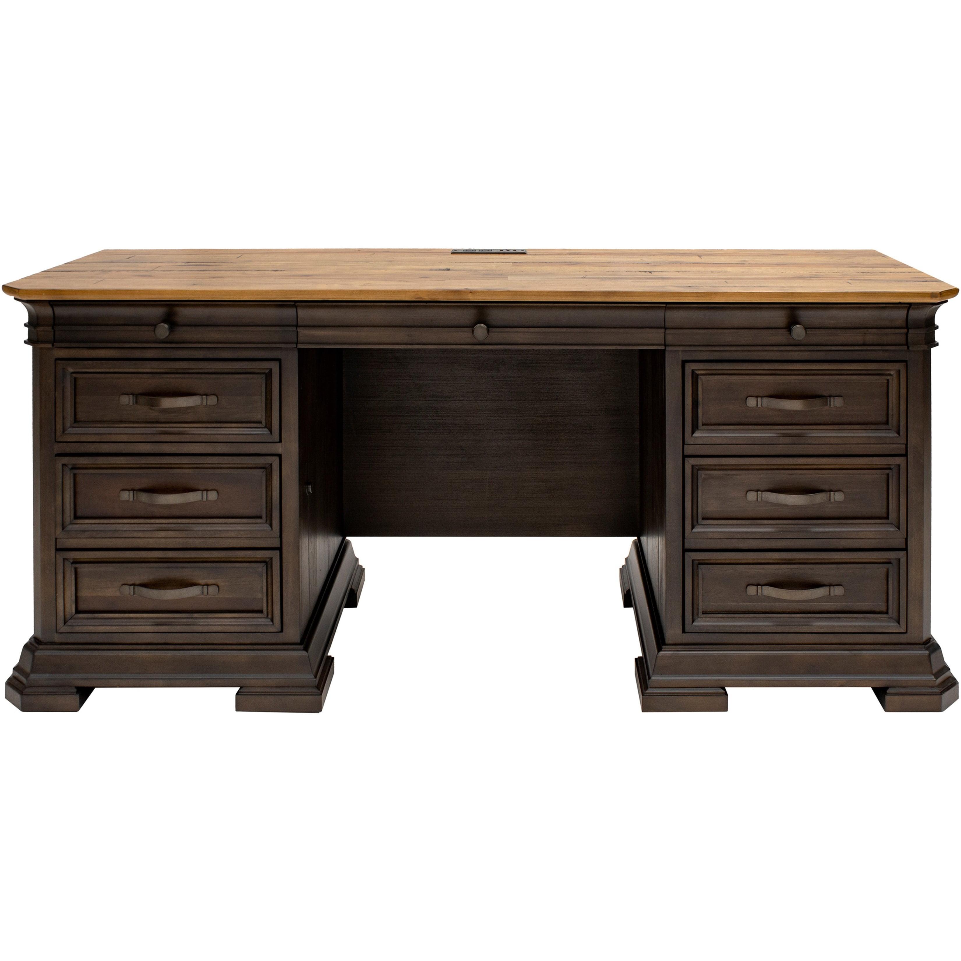 Executive Credenza Desk Writing Table With Solid Wood Plank Top Brown