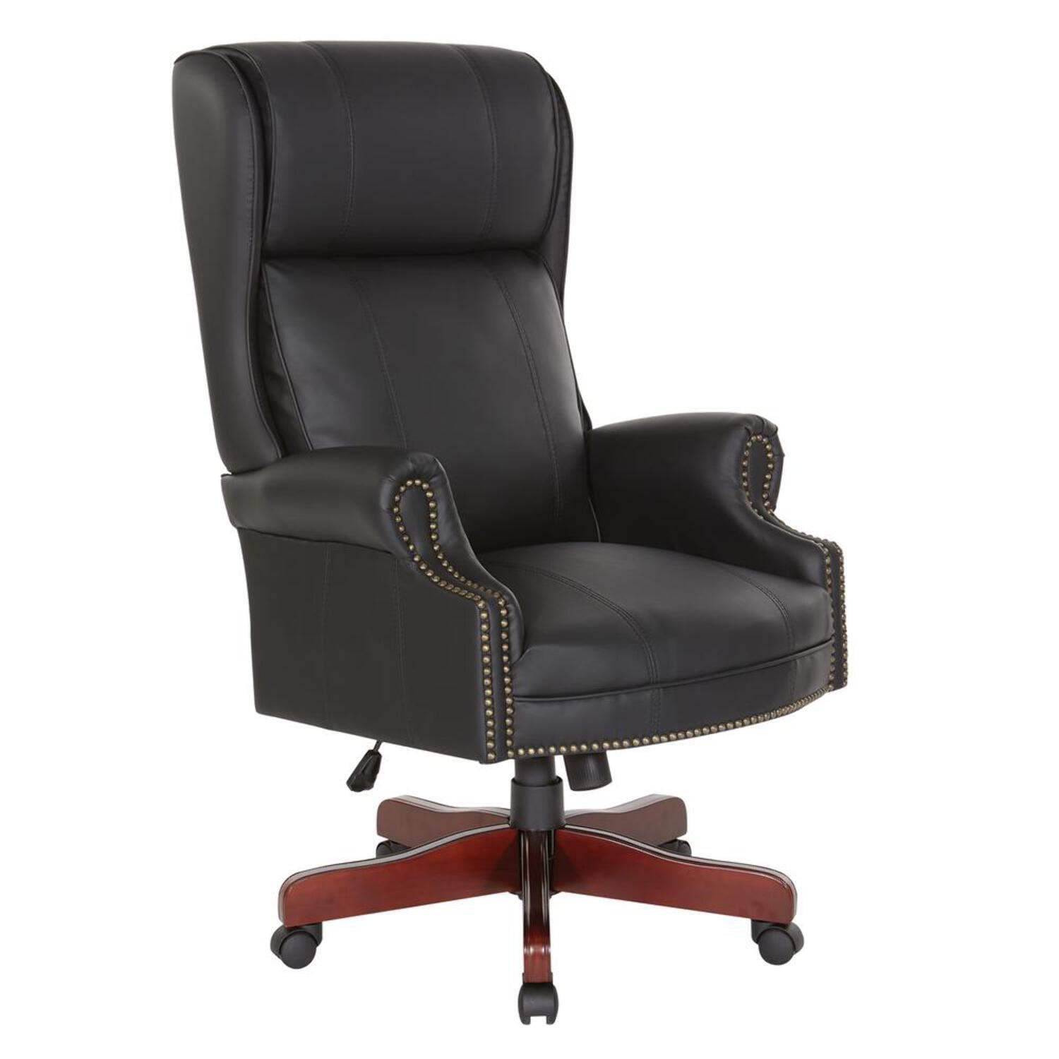 Executive High Back Chair with Black Vinyl and Brass Finish Nail Trim Upholstery