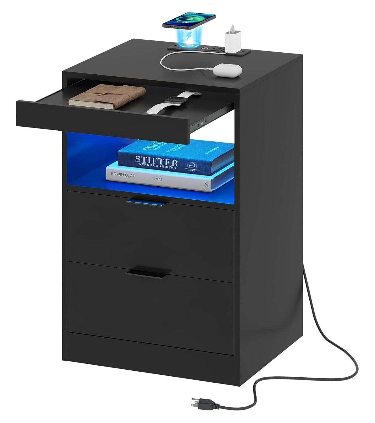 Exlonjet Black Nightstand with Wireless Charging Station and LED Lights, Bedside Table with 2 Drawers, Open Storage, 1 Pull-Out Tray, End Side Table with Charging Station, LED Night Stand with Storage