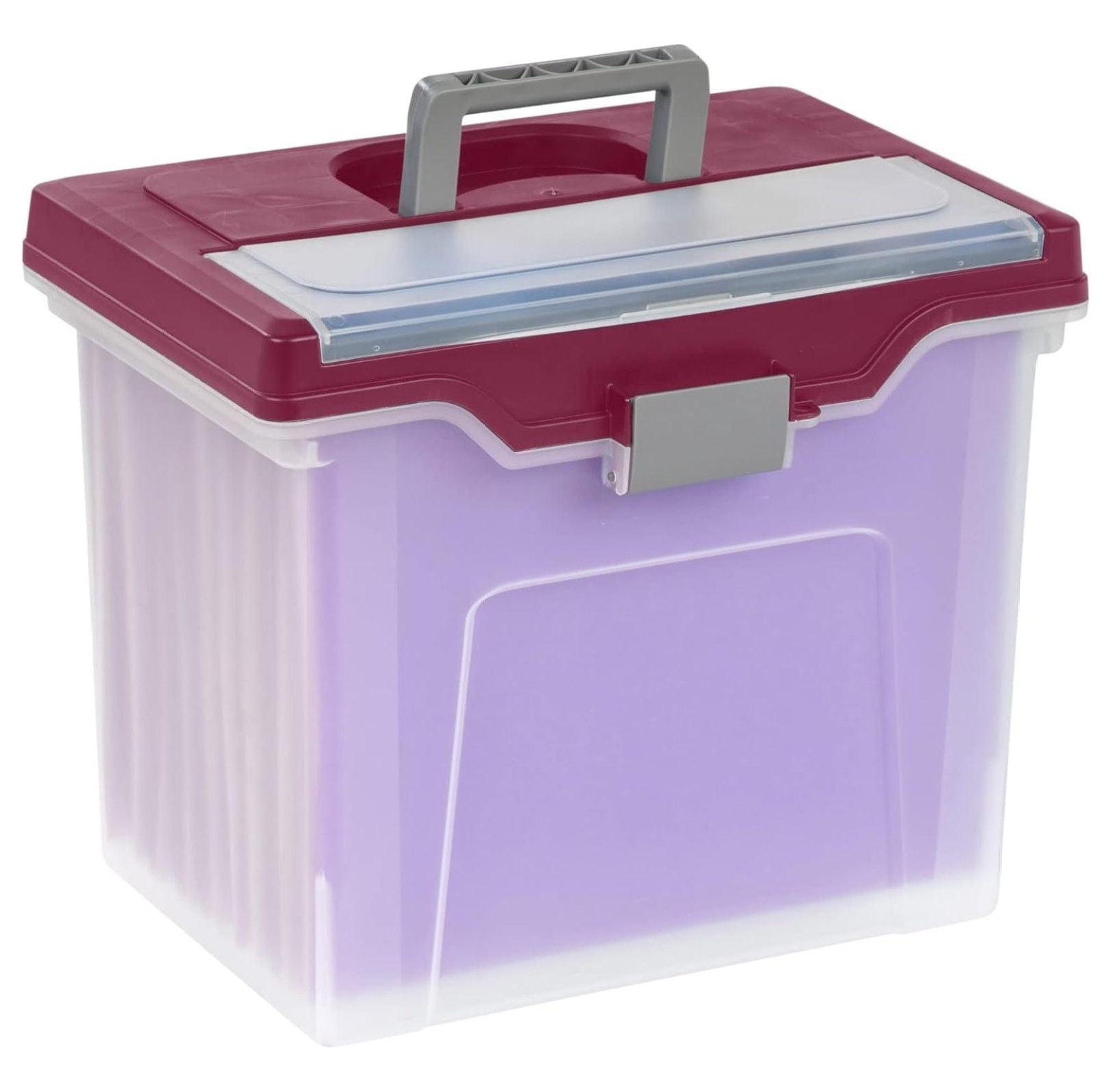 Clear and Burgundy Lockable Mobile File Box with Handle