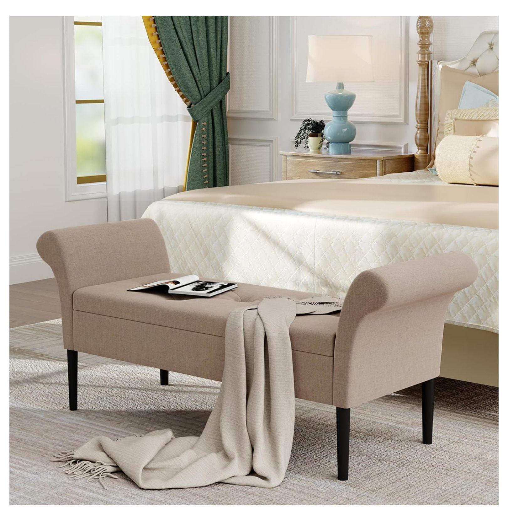 Tan Linen Tufted Storage Ottoman Bench with Arms