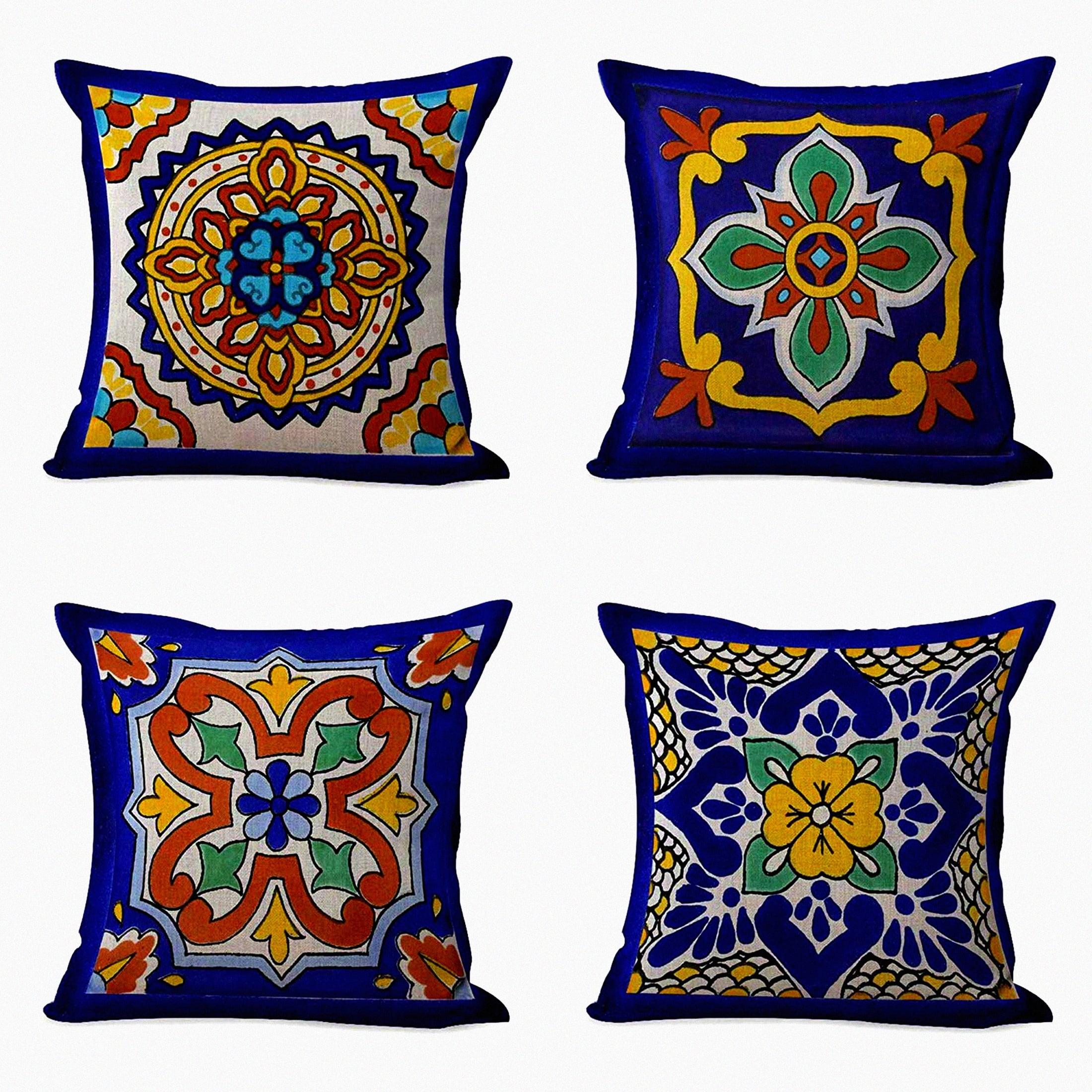 Exotic Geometry Linen Pillow Covers - Set of 4 Spanish Talavera Dark Retro Ethnic Home Decor 18"x18" Flax Cushion Cases Square Pillowcases