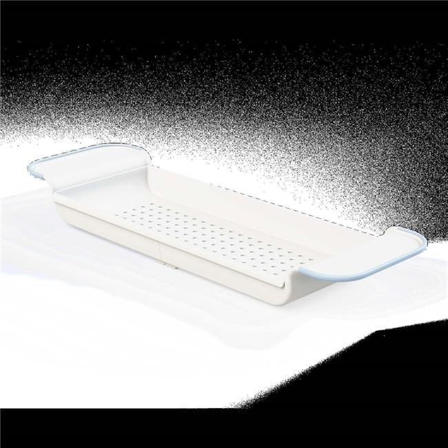 Expandable White and Blue Plastic Bathtub Tray