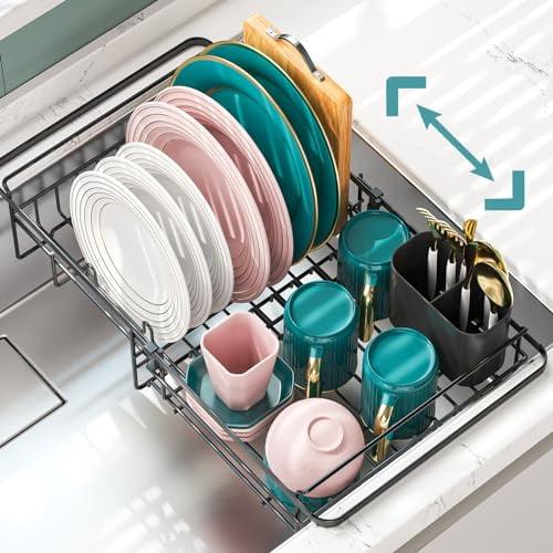 Adjustable Stainless Steel Over-Sink Dish Drying Rack with Utensil Cup