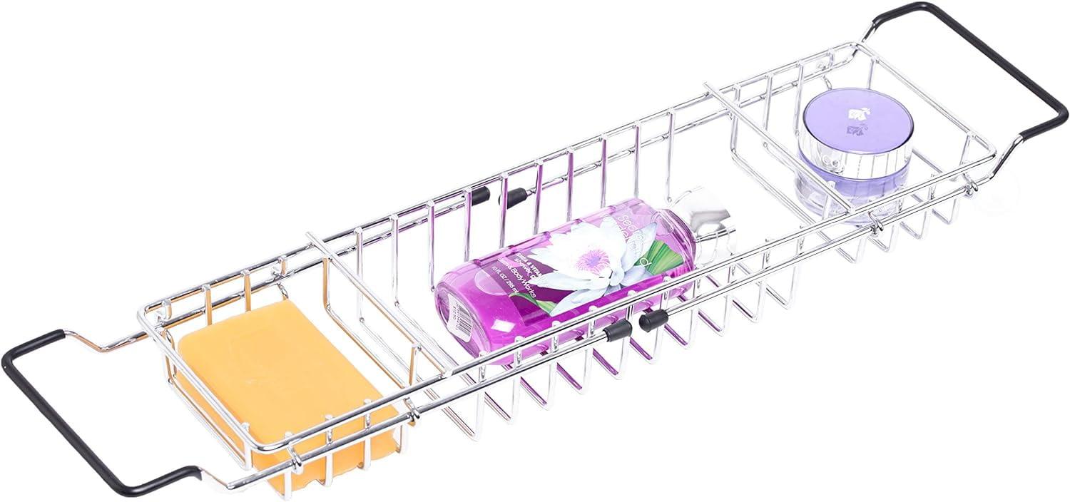 Expandable Chrome Metal Bathtub Caddy with Rubber Handles