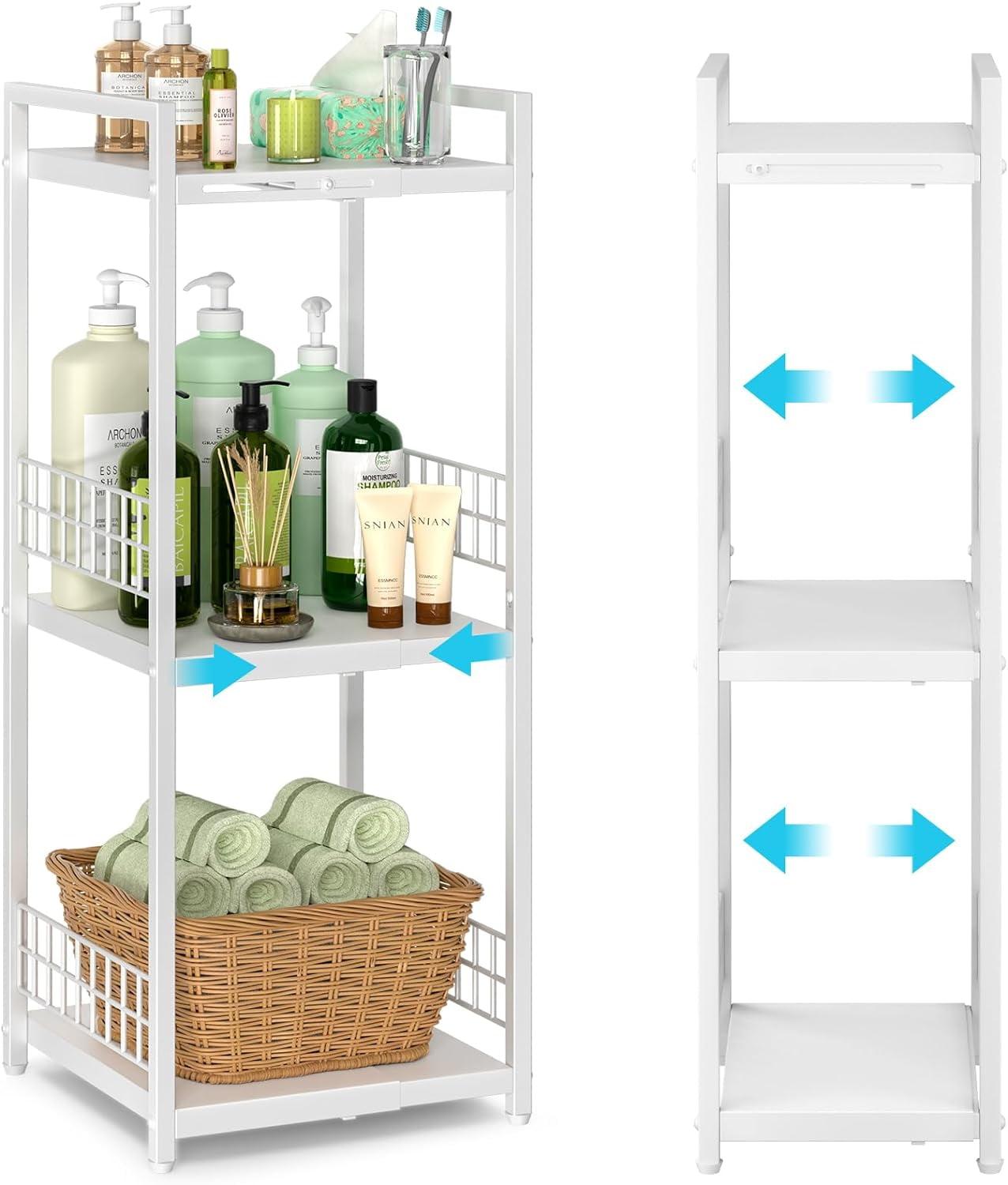 Expandable Slim Storage Shelf, 3 Tier Metal Shelving Unit for Bathroom Storage Organizer, Free-Standing Narrow Shelf, Open Floor Shelves for Small Spaces,Laundry,Bathroom,Kitchen, White