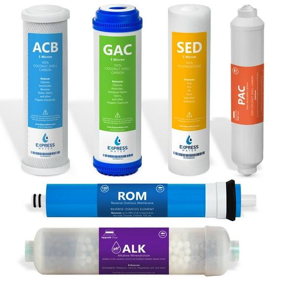Express Water – 1 Year Alkaline Reverse Osmosis System Replacement Filter Set – 6 Filters with 100 GPD RO Membrane, Carbon (GAC, ACB, PAC) Filters, Sediment (SED) Filters – 10 inch Size Water Filters