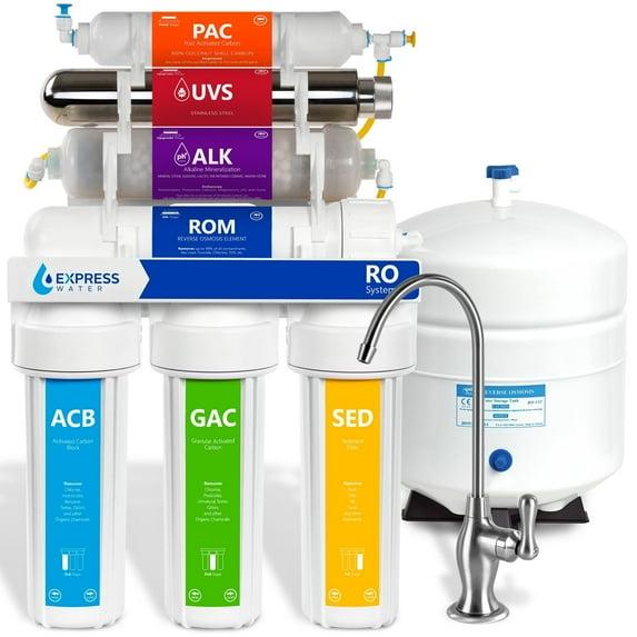 Express Water UV Reverse Osmosis Water Filtration System – 11 Stage UV Water Filter Deluxe Chrome Faucet & Tank – Under Sink Water Filter with Alkaline Filter for added Essential Minerals – 100 GDP