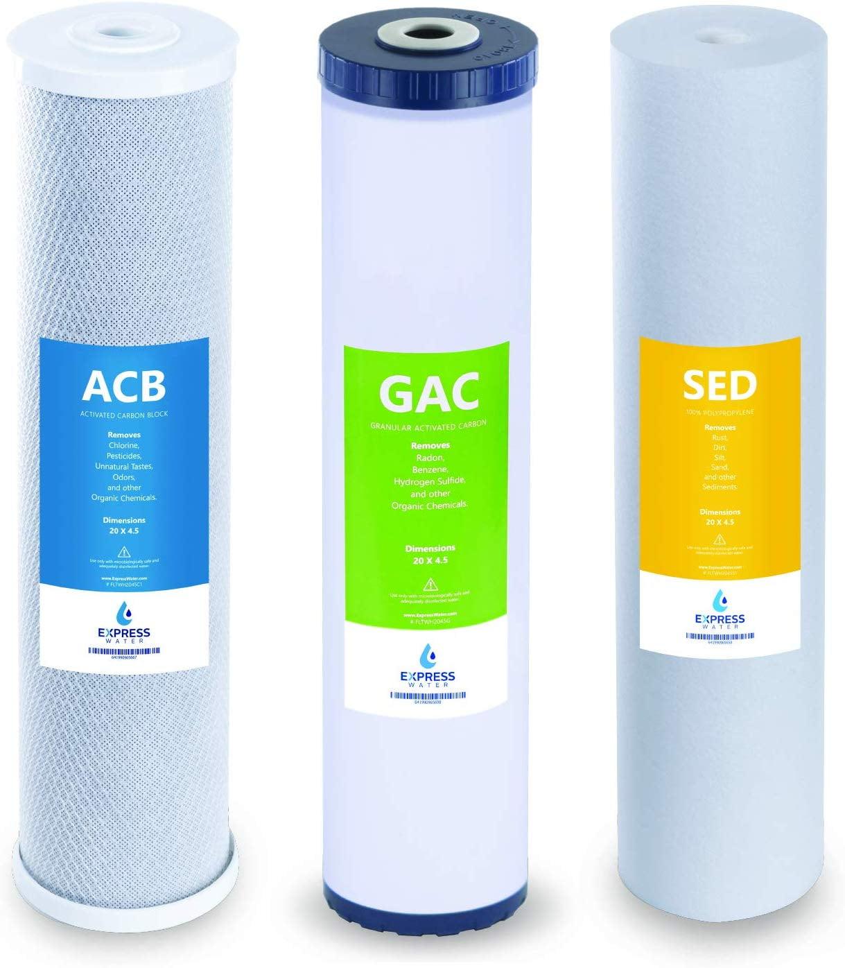 Express Water – Whole House Water Filter Set – 3 Stage Water Filtration Replacement Kit – Sediment, Coconut Shell Carbon High Capacity Cartridge Filters – 5 Micron Water Filter – 4.5” x 20” inch